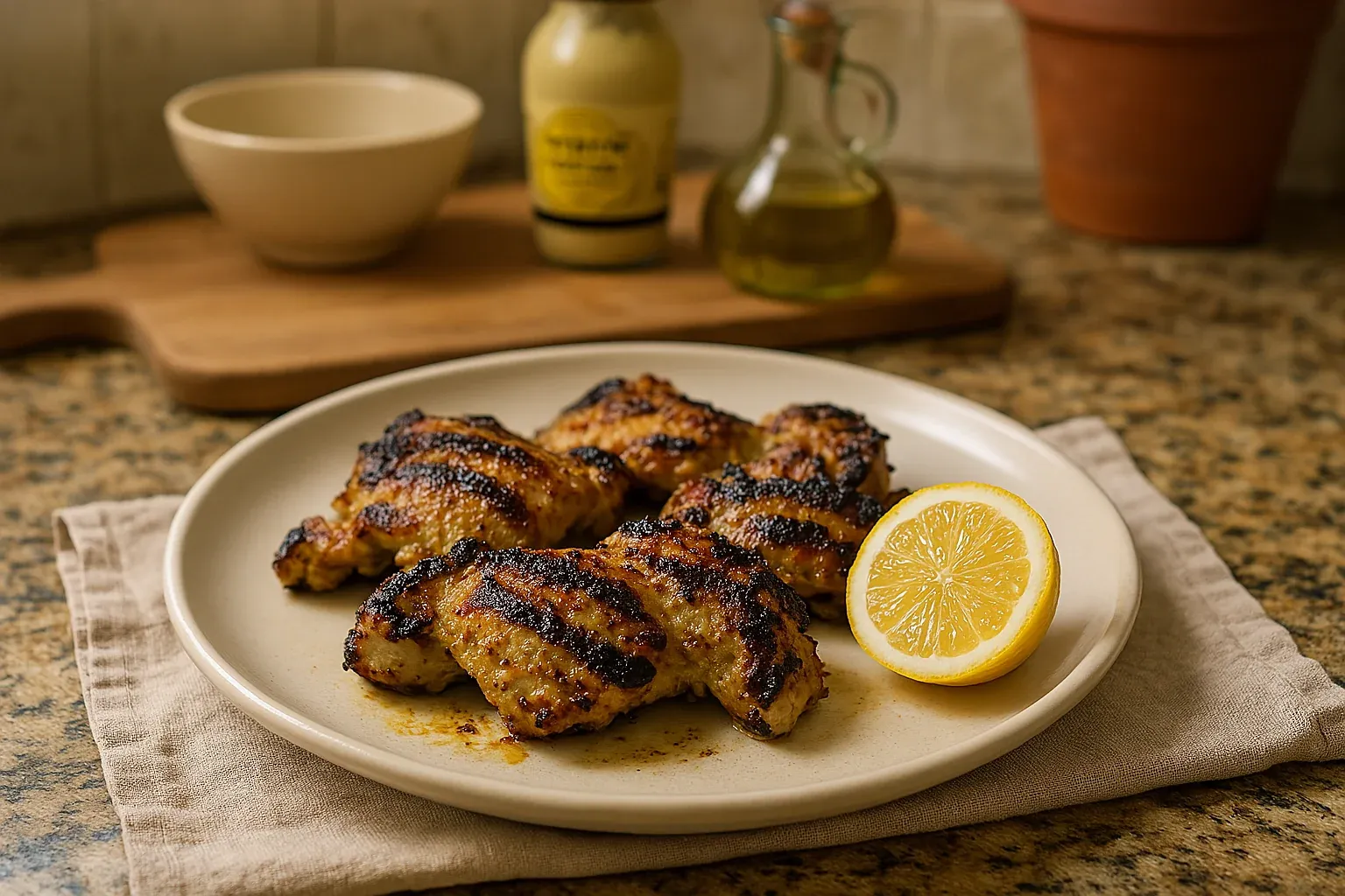 Grilled chicken thighs with char marks on a plate, garnished with a lemon half, with mustard and olive oil in the background.
