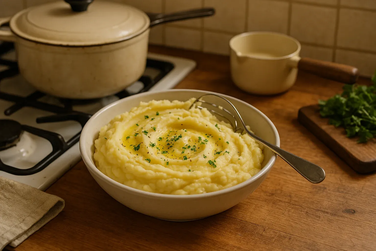 Creamy mashed potatoes with parsley garnish in a white bowl on a wooden kitchen counter.