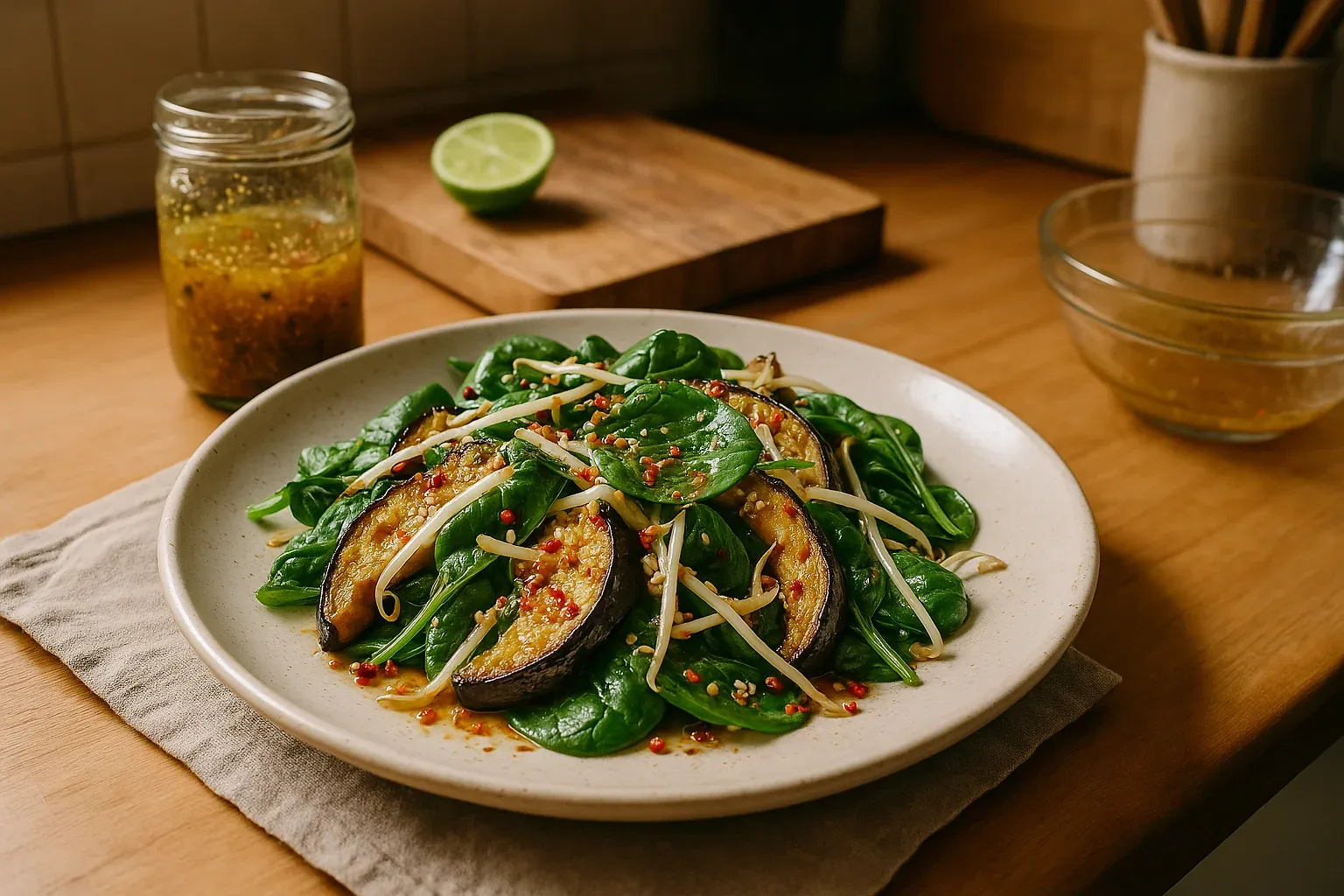 Fresh spinach and roasted eggplant salad with bean sprouts, topped with a tangy dressing, served on a white plate in a cozy kitchen.