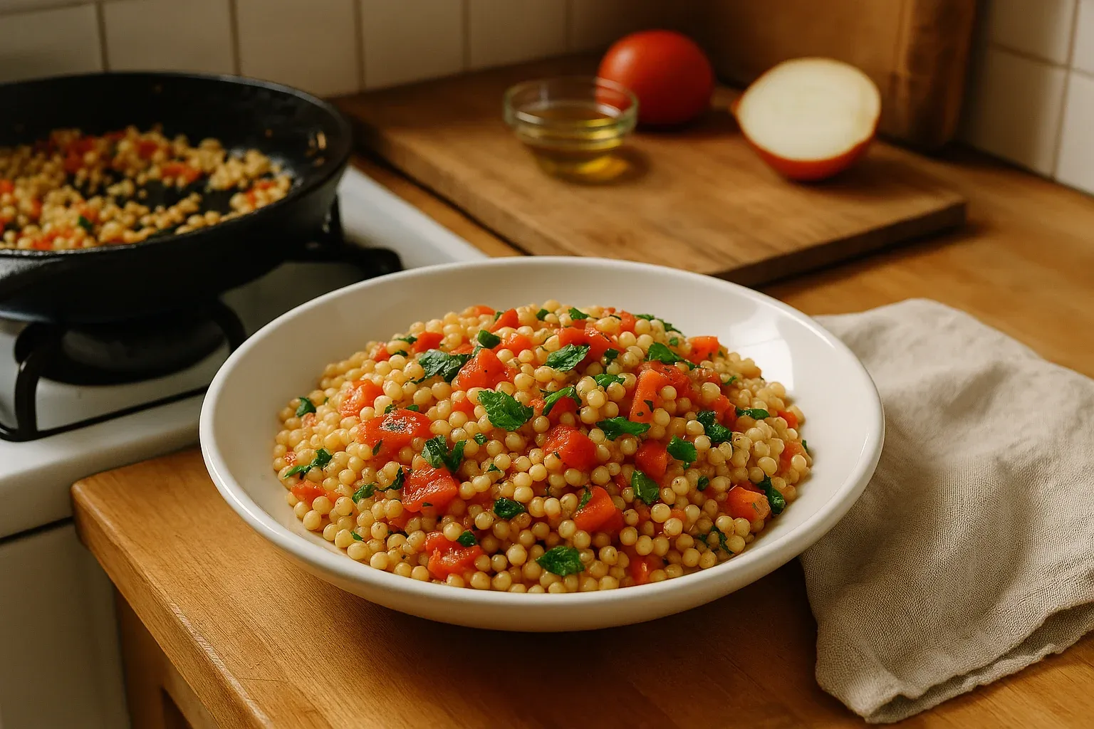 Warm Israeli couscous salad with diced tomatoes and fresh parsley in a white bowl on a kitchen counter near stovetop and cutting board.