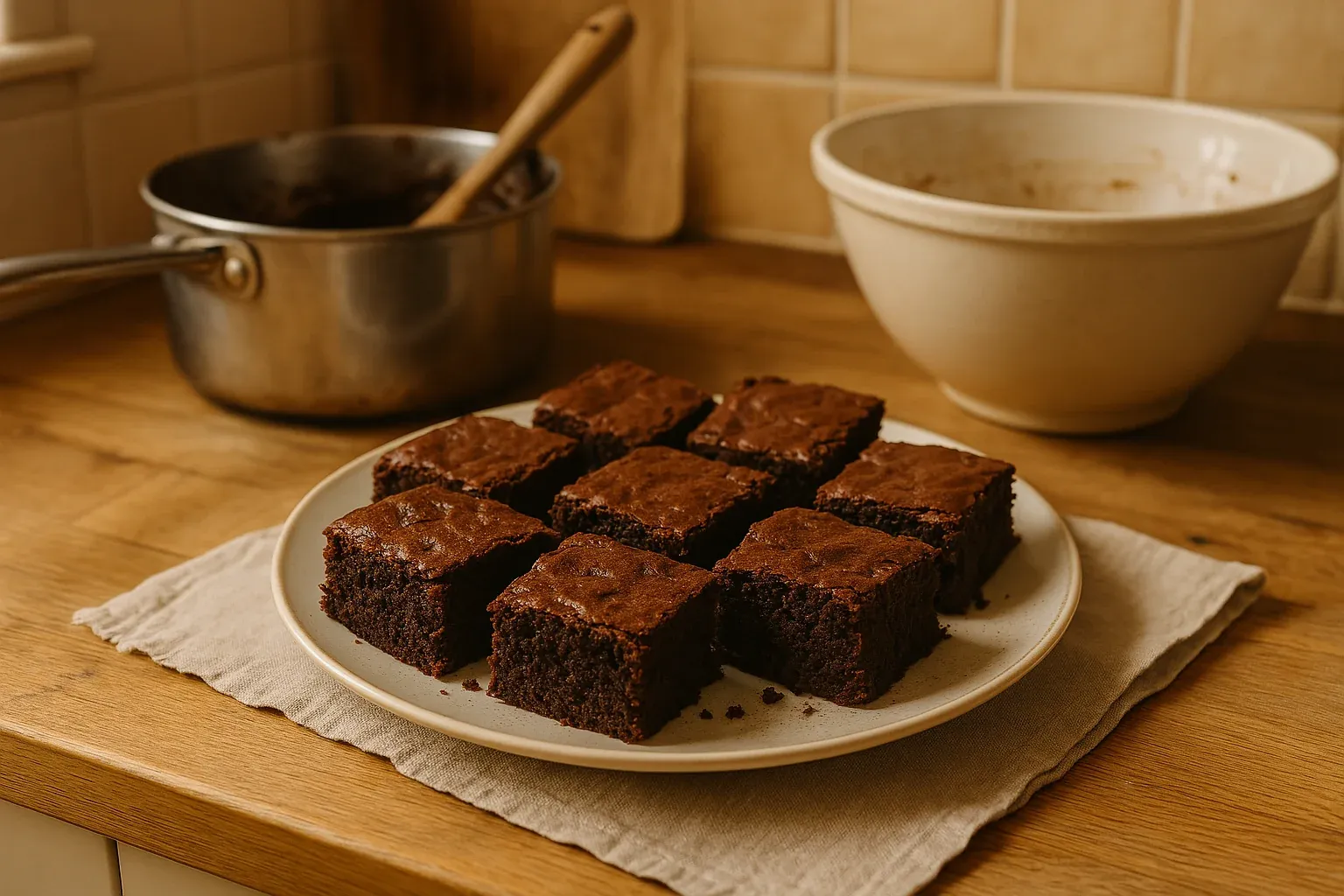 Nine freshly baked chocolate brownies on a white plate, with a saucepan and mixing bowl in the background.