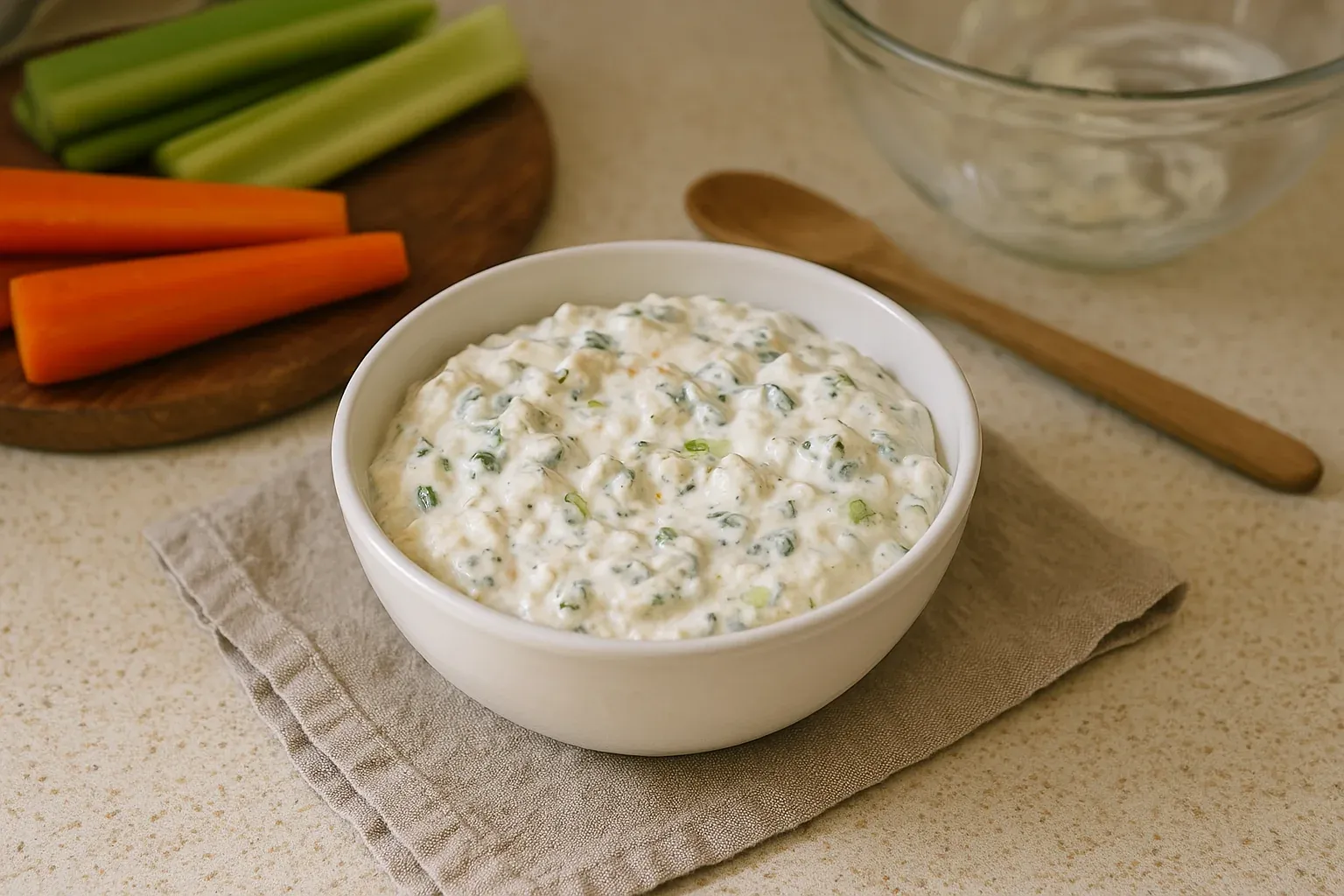 Bowl of creamy vegetable dip with visible herbs, placed on a linen napkin, accompanied by carrot and celery sticks on a wooden board.