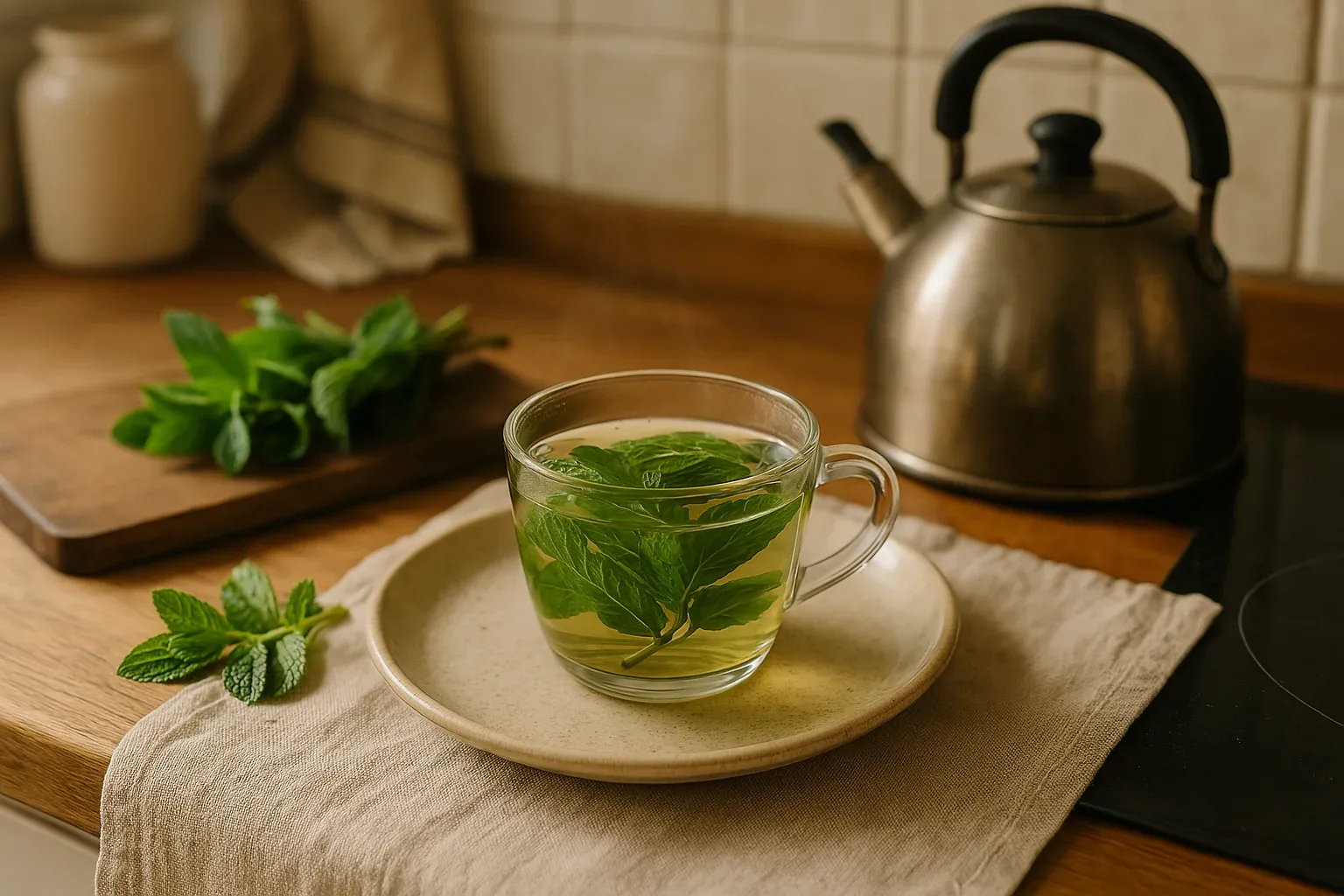 Fresh mint tea in a glass cup on a beige plate with a metal kettle and mint leaves on a wooden cutting board in the background.