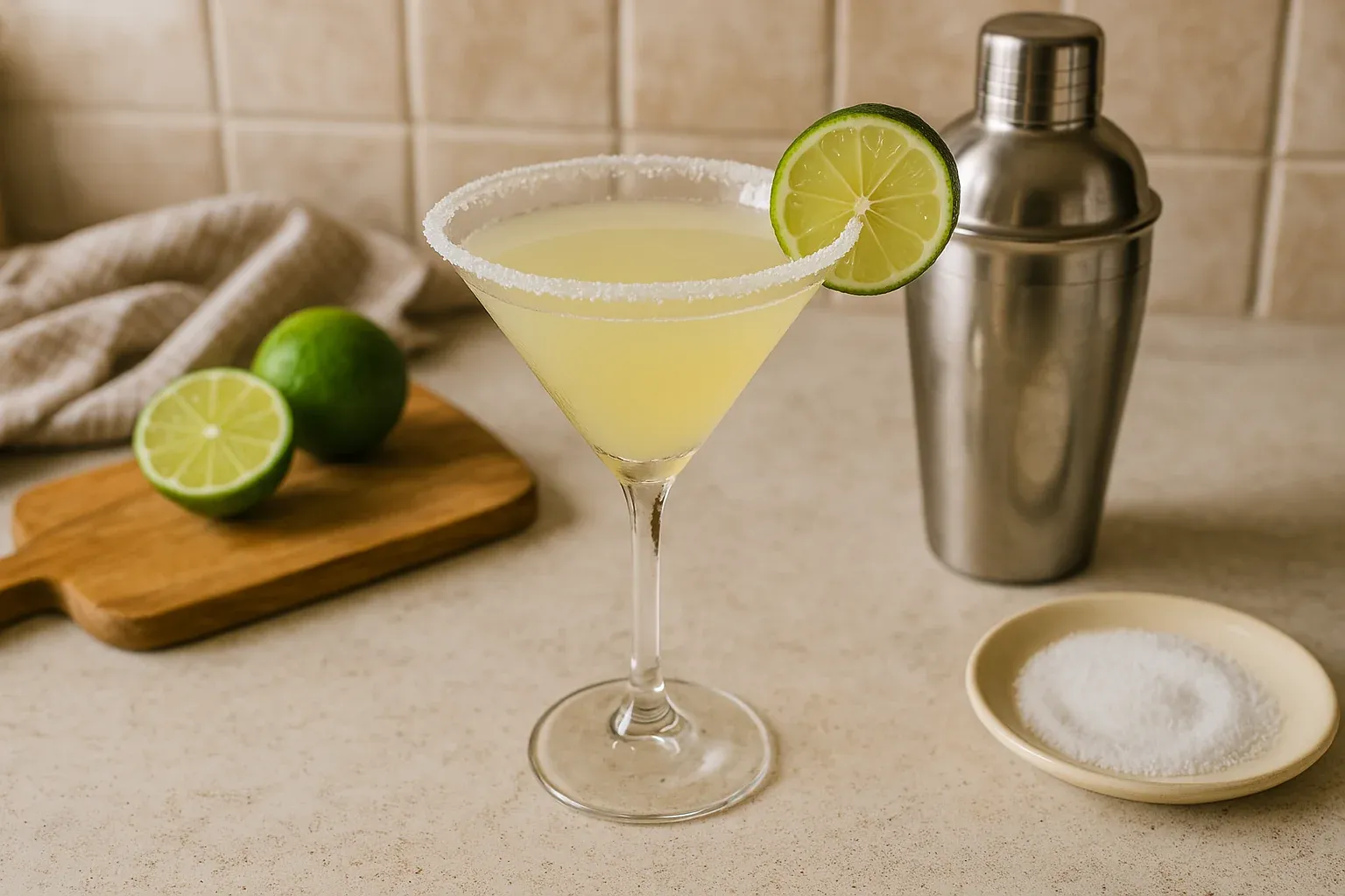 Martini glass with a lime margarita, salt rim, and lime slice garnish next to a cocktail shaker and fresh limes on a cutting board.