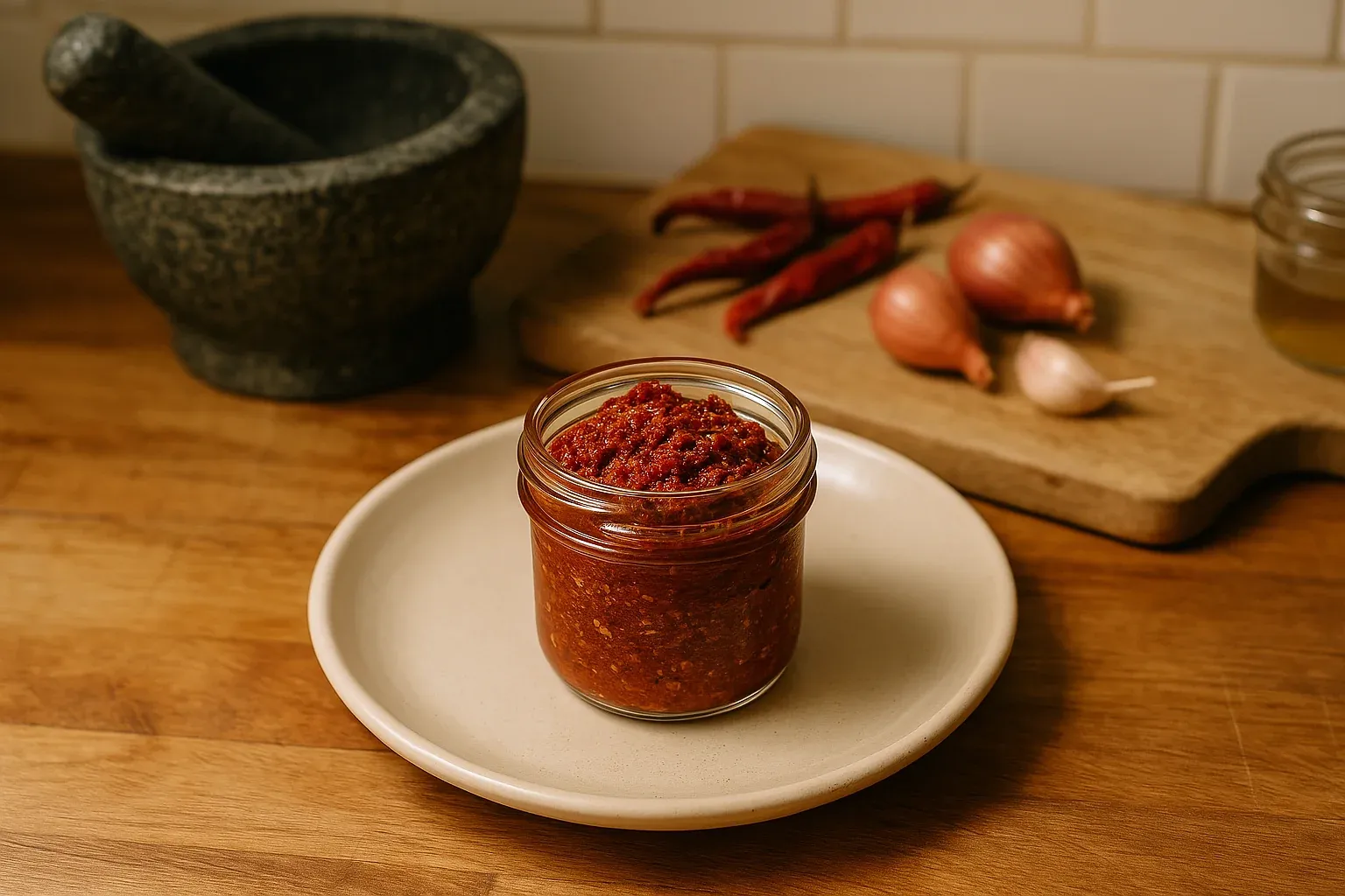 Homemade red chili paste in a jar with shallots, garlic, dried chilies, and mortar on a wooden kitchen countertop.