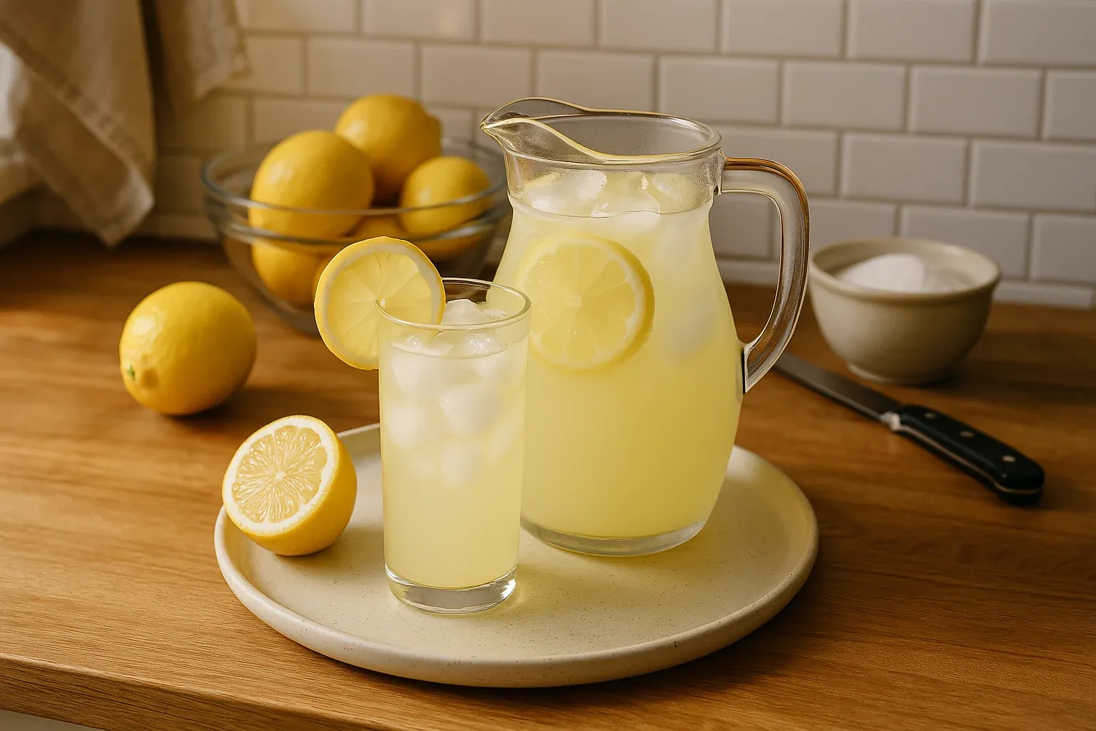 Pitcher and glass of iced lemonade with lemon slices, surrounded by fresh lemons on a wooden kitchen counter.