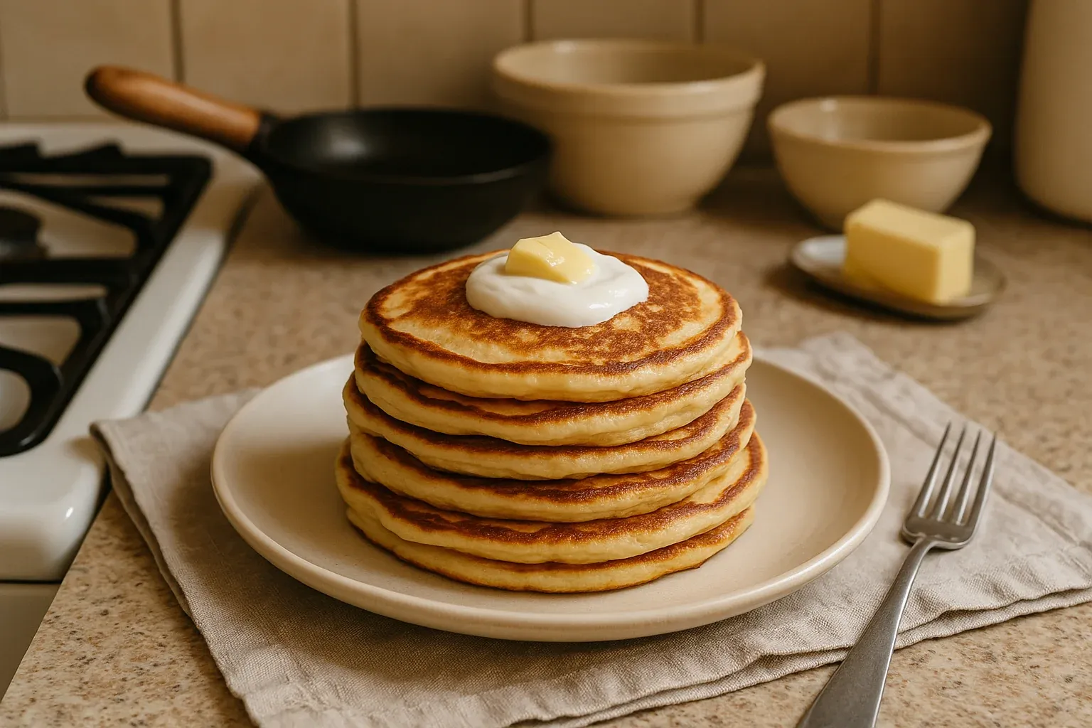 A stack of golden pancakes topped with a dollop of cream and a pat of butter, placed on a plate with a fork beside it.