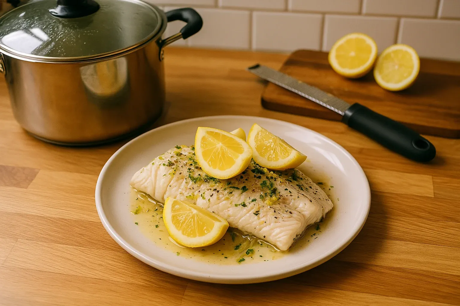 Cooked white fish fillet garnished with lemon wedges and herbs, on a white plate next to a pot and kitchen utensils.