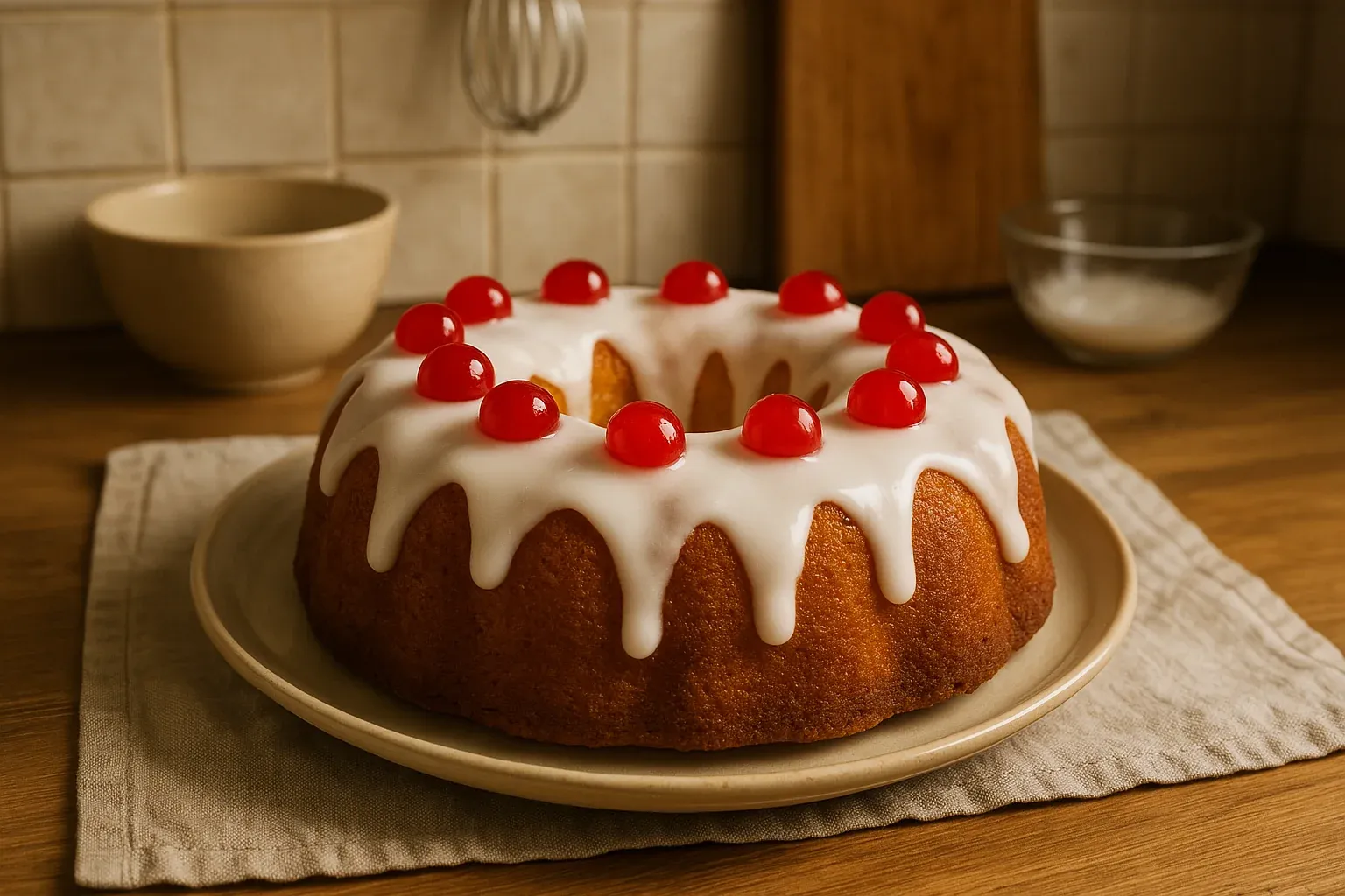 Bundt cake with white icing and red cherries on top, displayed on a beige plate in a cozy kitchen setting.