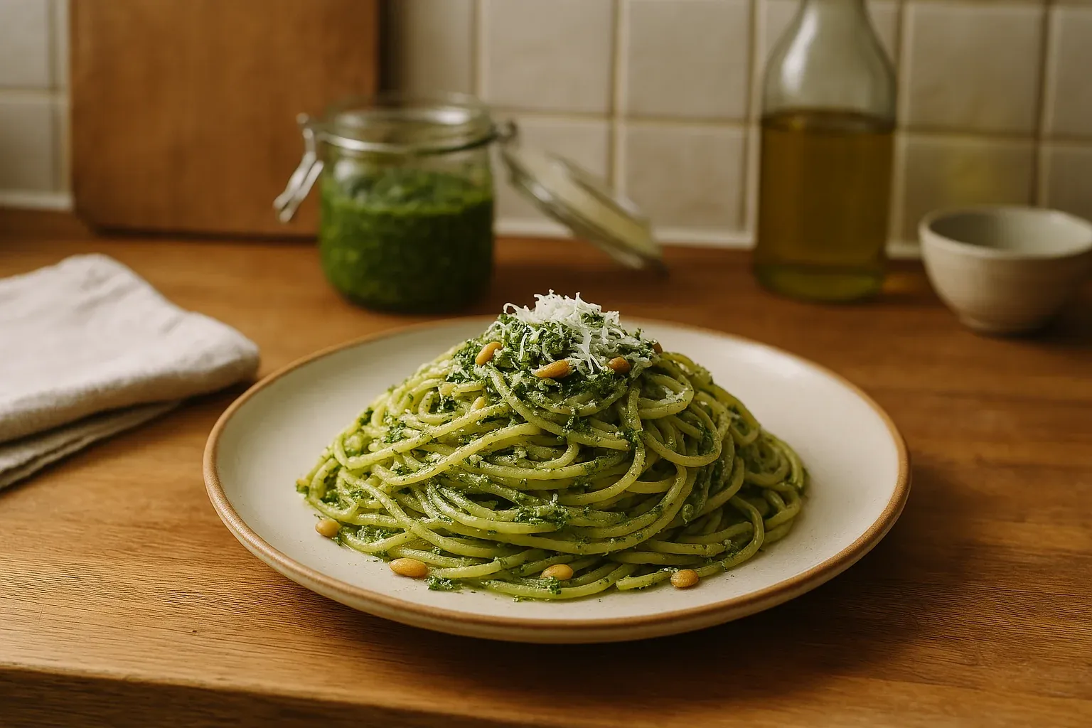Spaghetti with basil pesto topped with pine nuts and grated cheese on a plate, with a jar of pesto and olive oil bottle in the background.