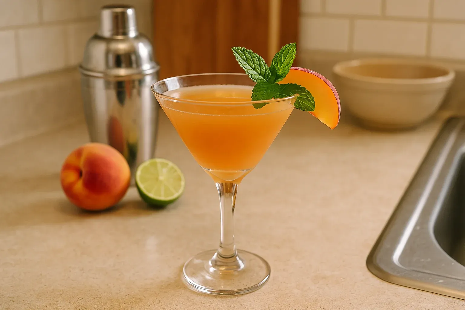 Refreshing peach cocktail garnished with mint and peach slice, with shaker, peach, and lime in the background on a kitchen counter.