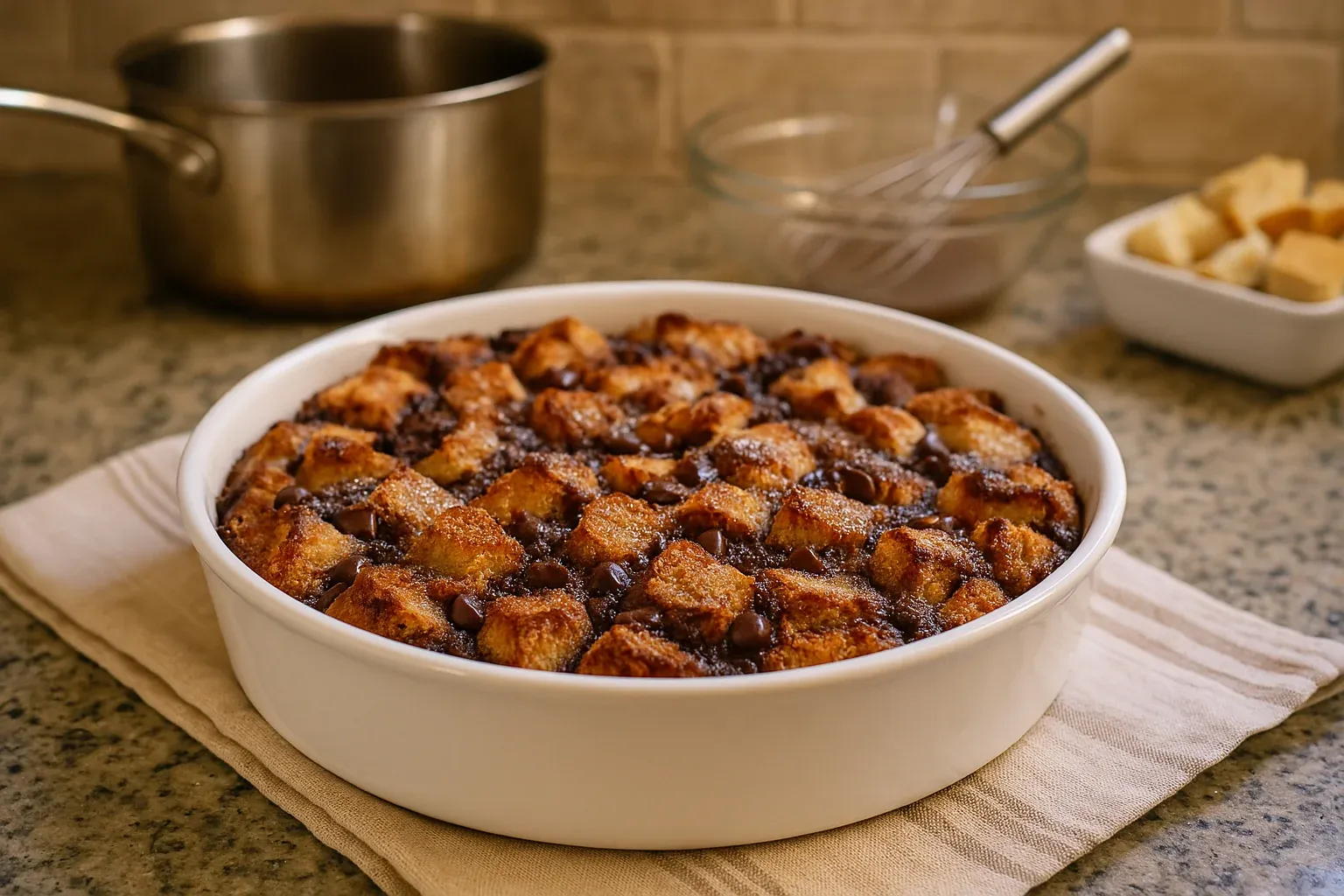 Golden brown bread pudding with chocolate chips in a white dish, set on a kitchen counter with cooking utensils in the background.