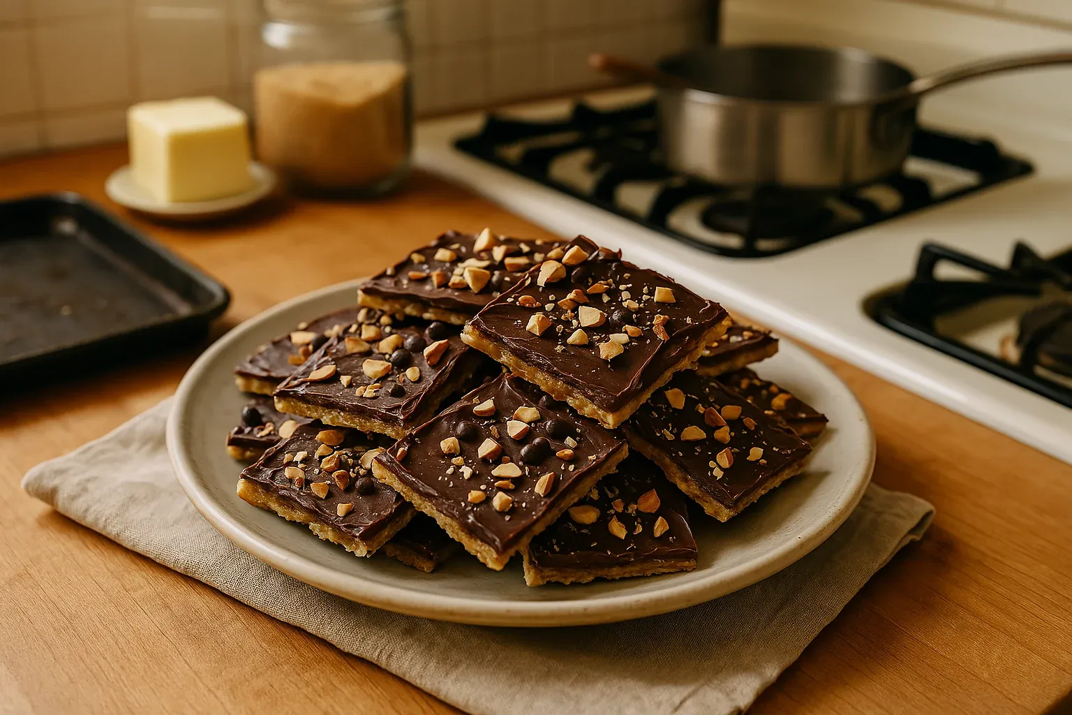 Plate of homemade chocolate toffee bars topped with chopped nuts on a kitchen counter, ready for serving.
