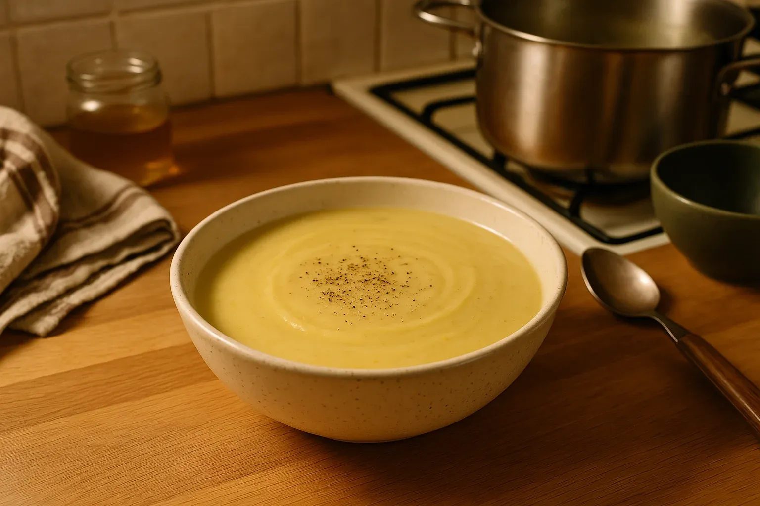 Creamy potato soup in a white bowl, garnished with black pepper, placed on a wooden countertop near a spoon and kitchen towel.
