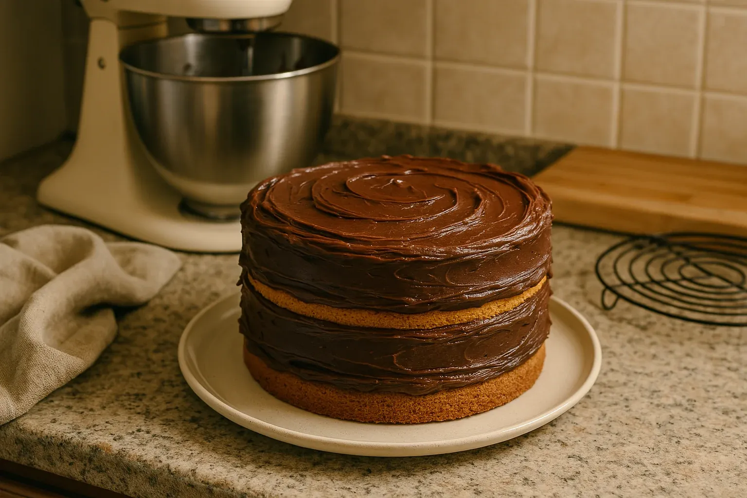 Two-layered chocolate-frosted cake on a kitchen counter with a stand mixer in the background.