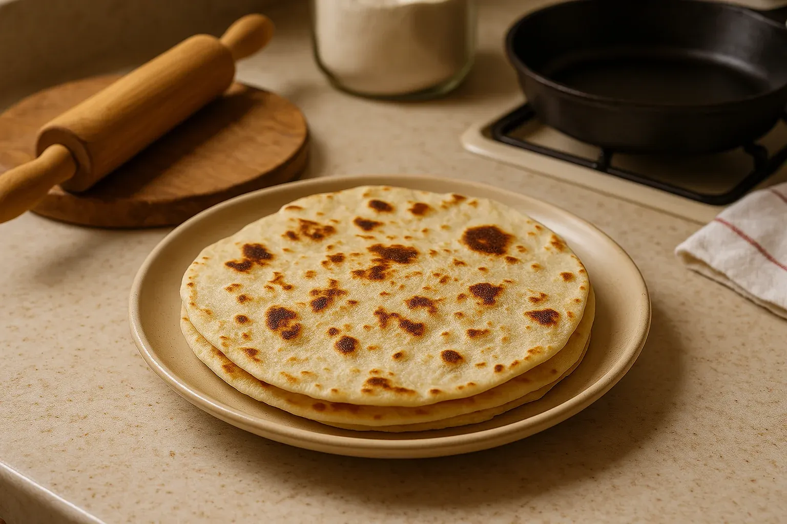 Freshly cooked tortillas on a plate, with a rolling pin and skillet in the background, ready for serving.