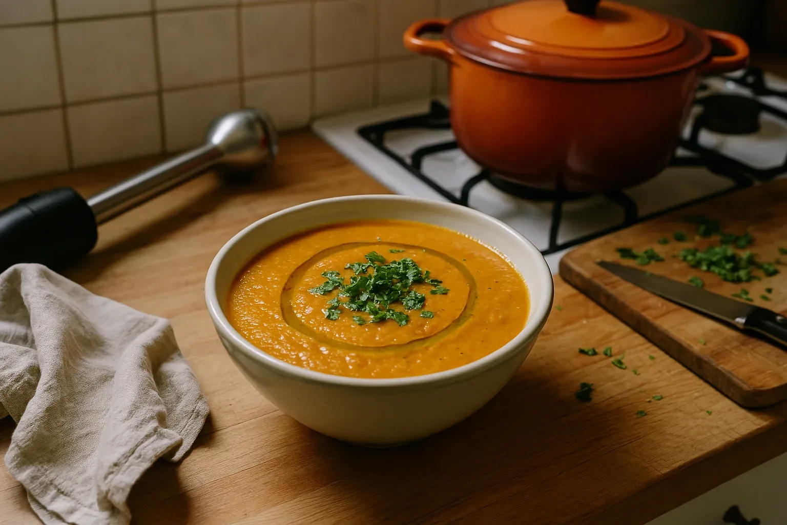 Creamy carrot soup garnished with fresh herbs, with a blender and pot in the background on a kitchen counter.