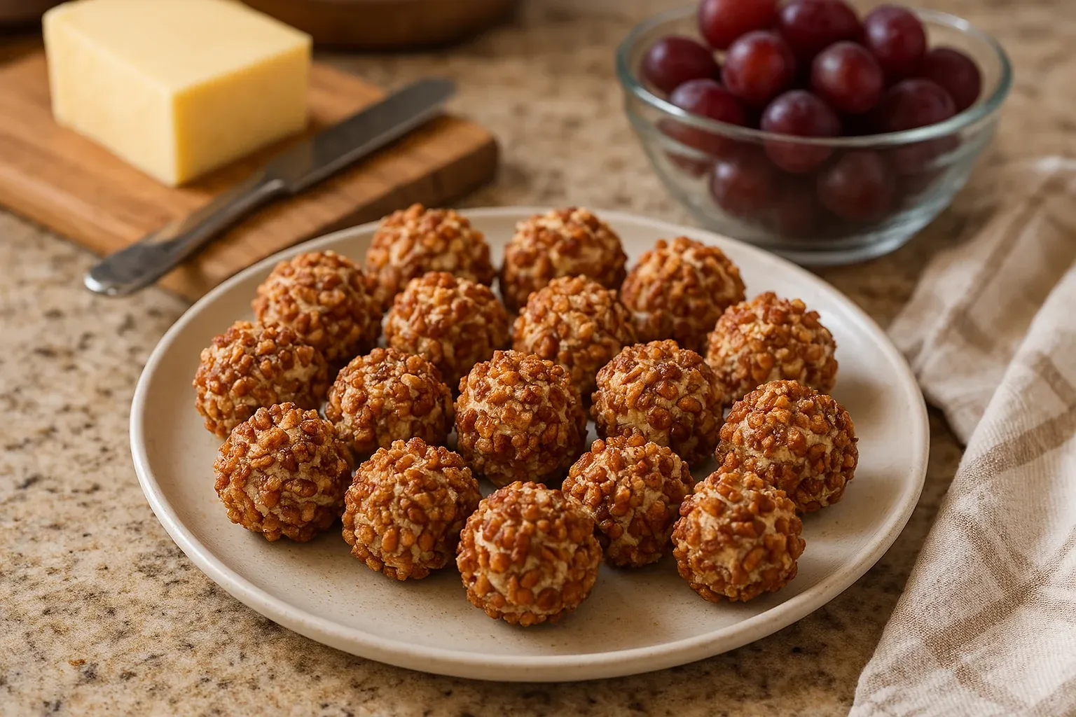 Cheese balls coated in nuts on a plate, with a block of cheese and a bowl of grapes in the background, perfect for appetizers.