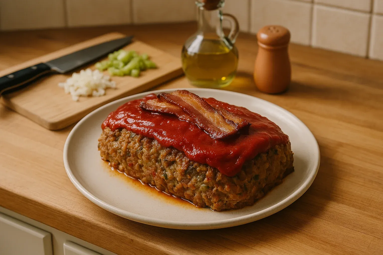 Homemade meatloaf topped with ketchup and bacon on a plate, with chopped vegetables and olive oil in the background.