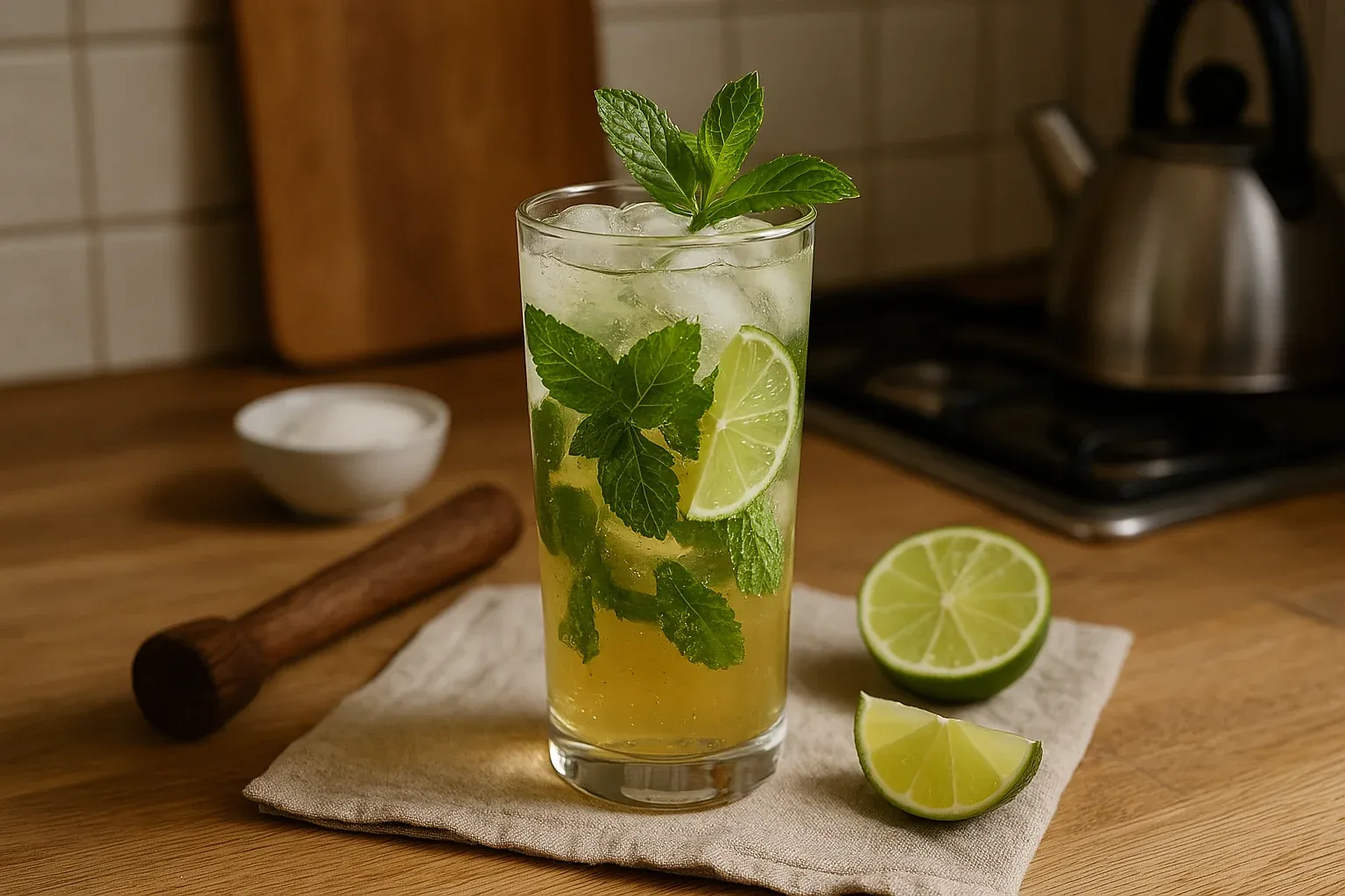 Refreshing mojito cocktail with mint leaves, lime slices, and ice in a tall glass on a wooden countertop, with a muddler and lime halves nearby.