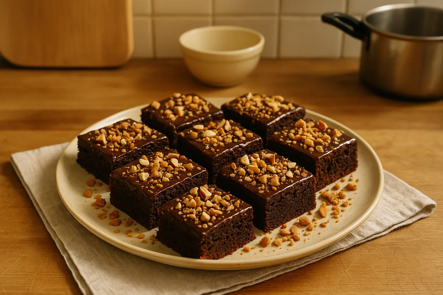 Chocolate brownies topped with chopped nuts, neatly arranged on a plate, perfect for a dessert recipe.
