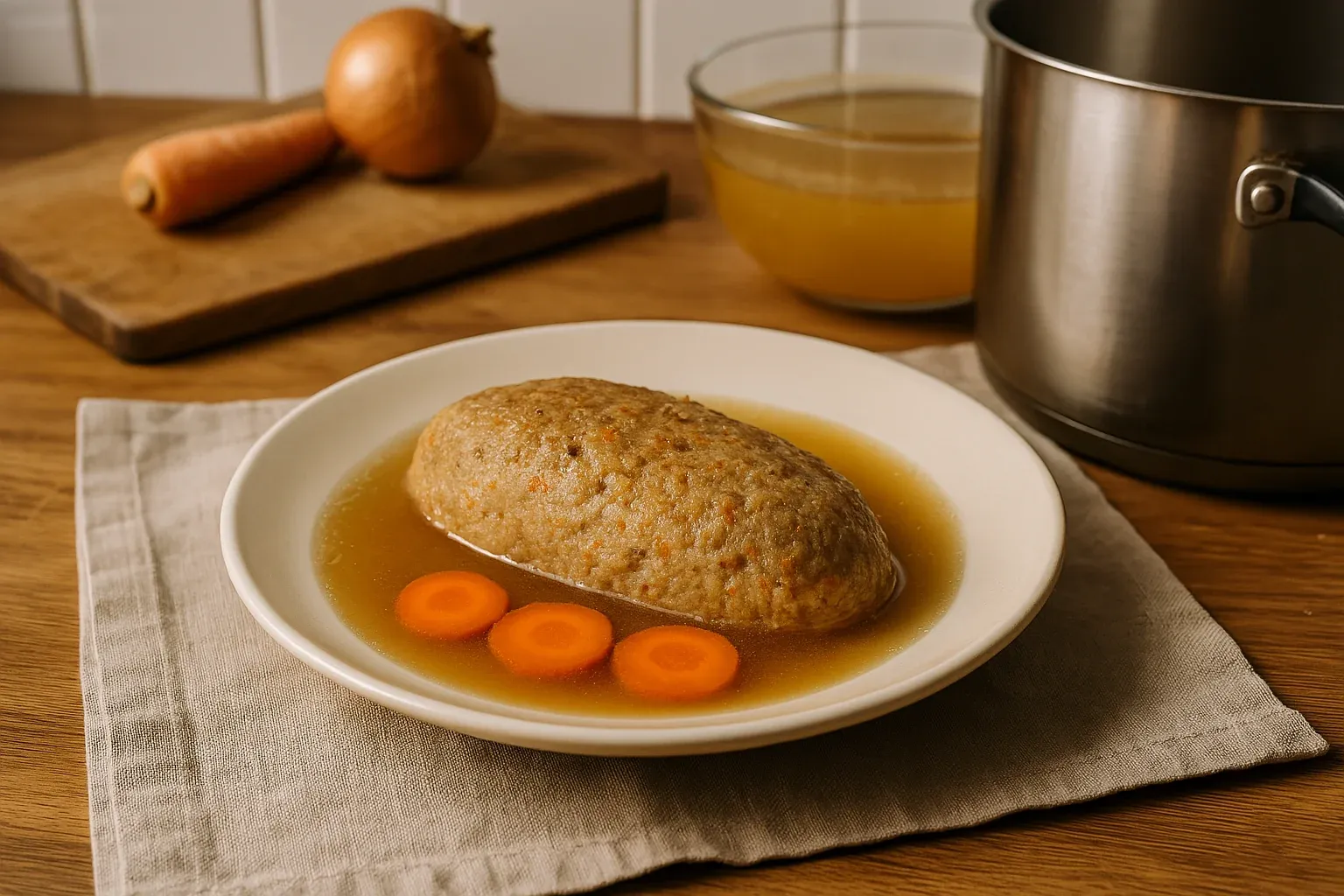 Gefilte fish served in broth with sliced carrots, a traditional Jewish dish, placed on a cloth next to an onion, carrot, and broth bowl.