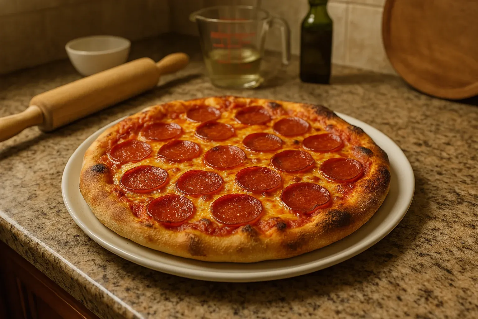 Homemade pepperoni pizza on a white plate, with a rolling pin, measuring cup, and olive oil bottle on the countertop.