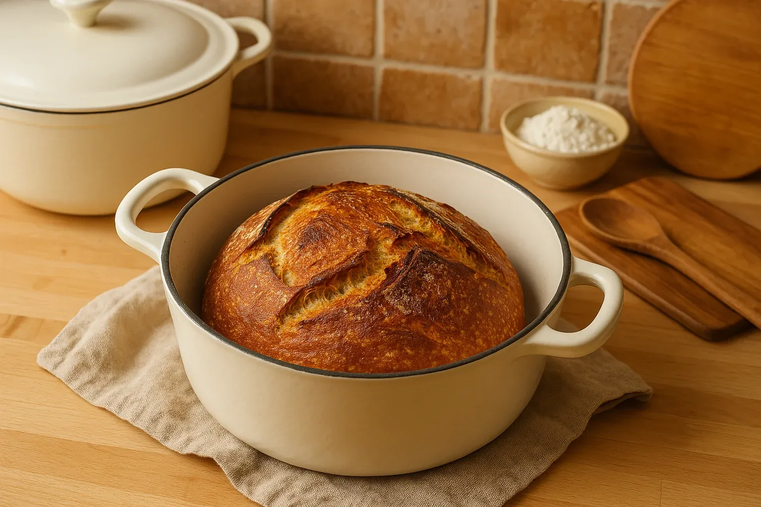 Golden-brown artisan bread in a white Dutch oven on a wooden kitchen counter, with flour and utensils in the background.
