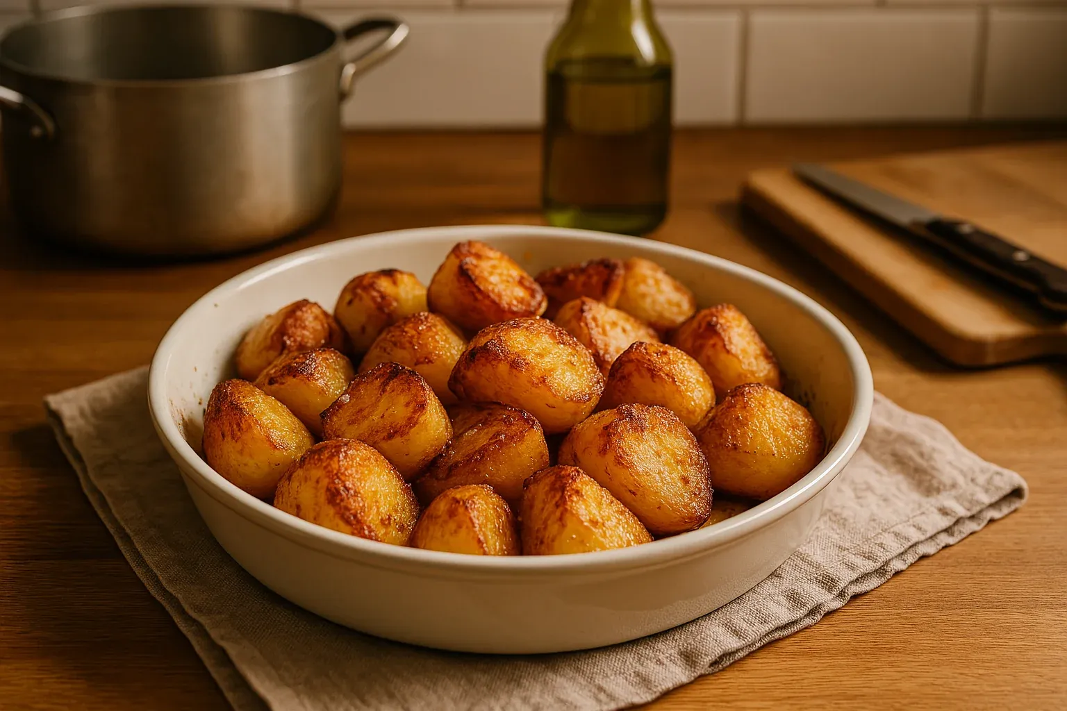 Golden brown roasted potatoes in a white dish on a kitchen counter with a pot, oil bottle, and cutting board in the background.