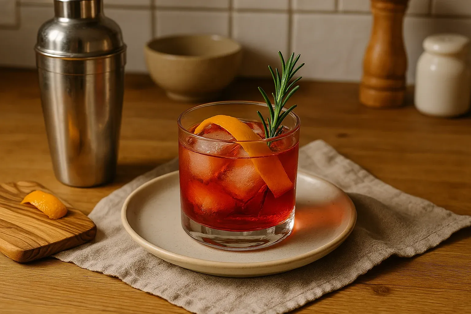 A Negroni cocktail garnished with orange peel and rosemary, served in a glass with ice on a plate next to a shaker.