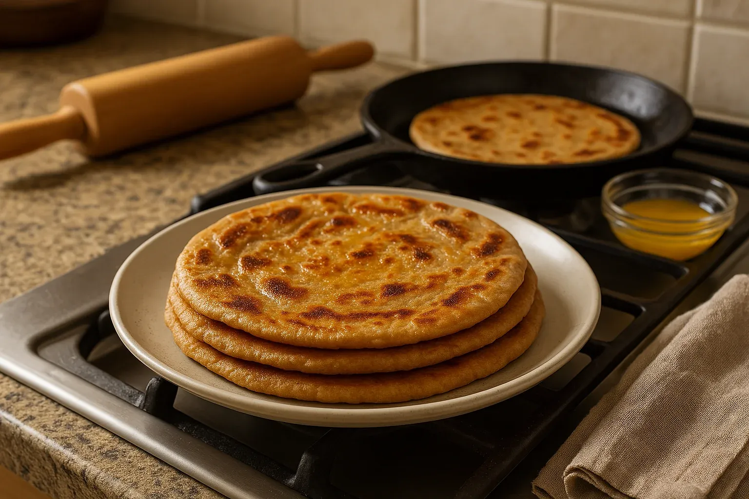 Stack of freshly cooked flatbreads on a plate beside a skillet and rolling pin on a kitchen countertop.
