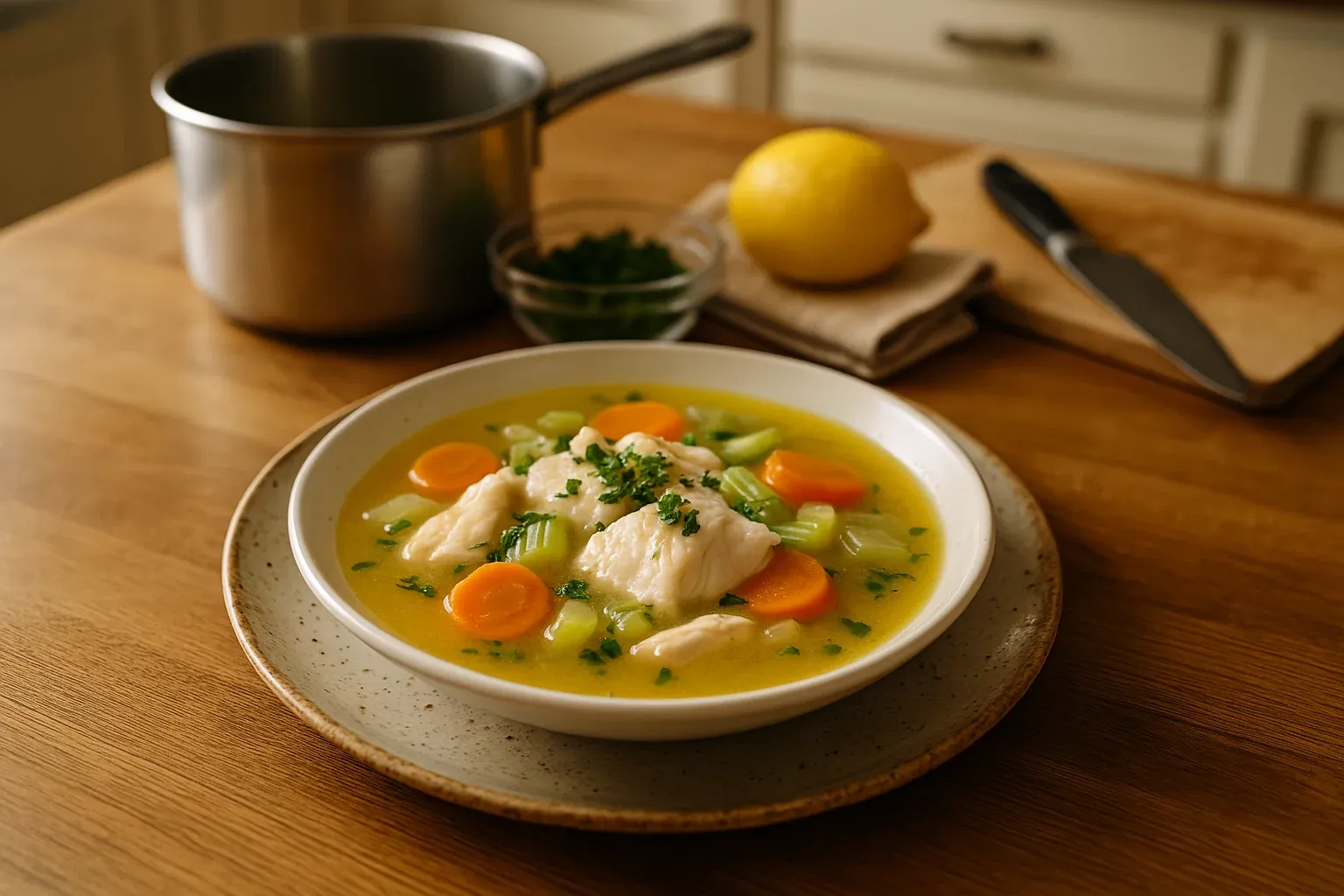 Homemade chicken soup with carrots and celery served in a white bowl, garnished with parsley, with kitchen utensils in the background.