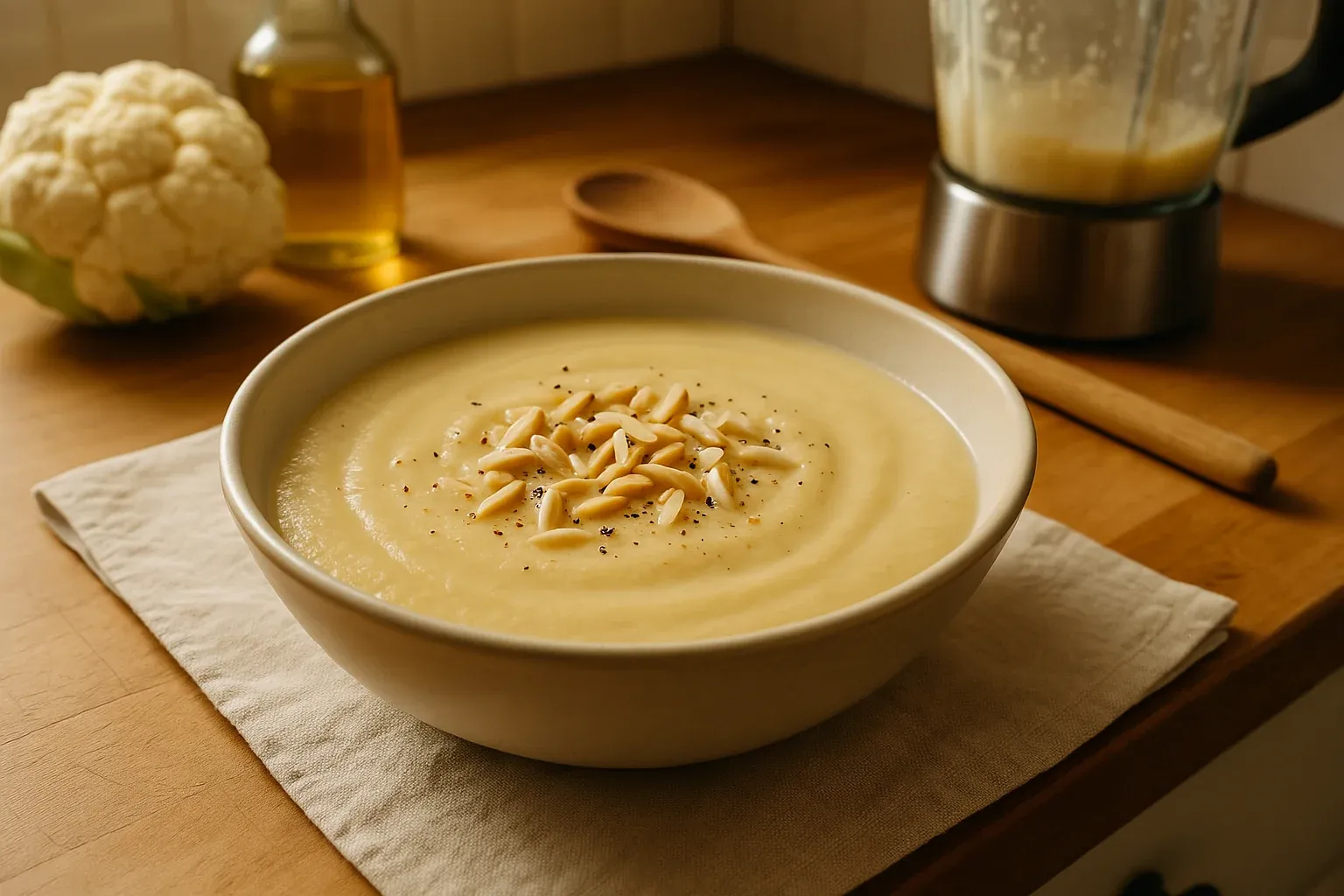 Creamy cauliflower soup garnished with slivered almonds, displayed on a wooden countertop with a blender and fresh cauliflower in the background.