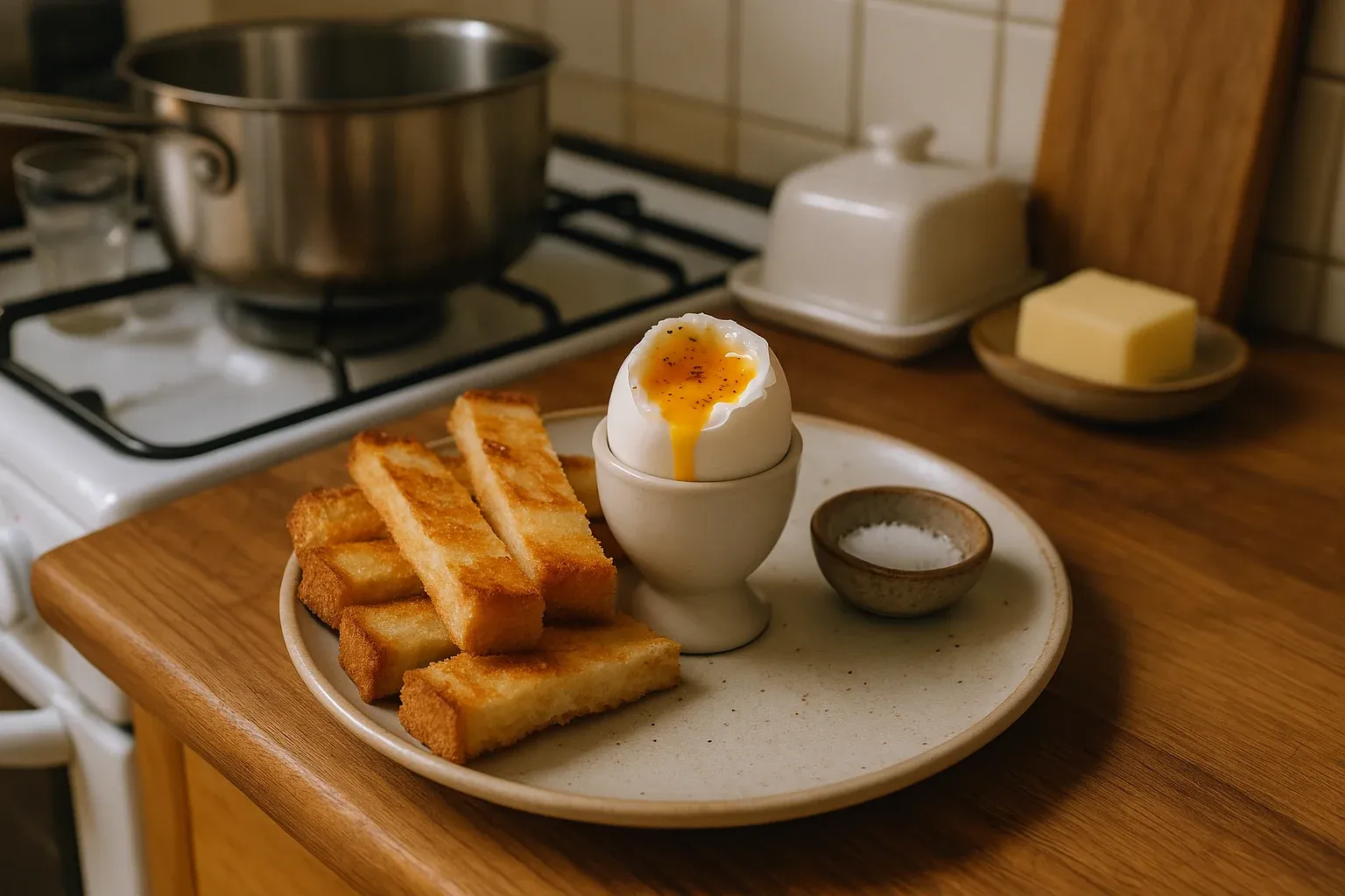 Soft-boiled egg with runny yolk in an egg cup, served with toast soldiers, salt, and butter on a plate in a cozy kitchen setting.