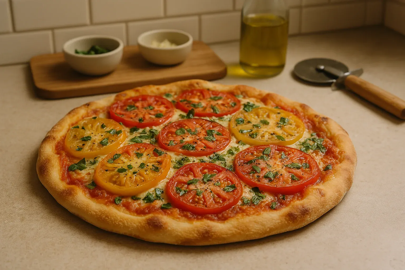 Freshly baked pizza topped with red and yellow tomato slices, fresh basil, and cheese, with olive oil and herbs in the background.