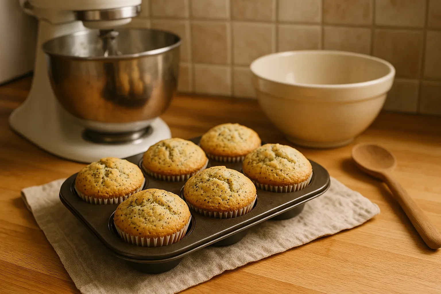 Freshly baked poppy seed muffins in a tin on a kitchen counter with a stand mixer and mixing bowl in the background.