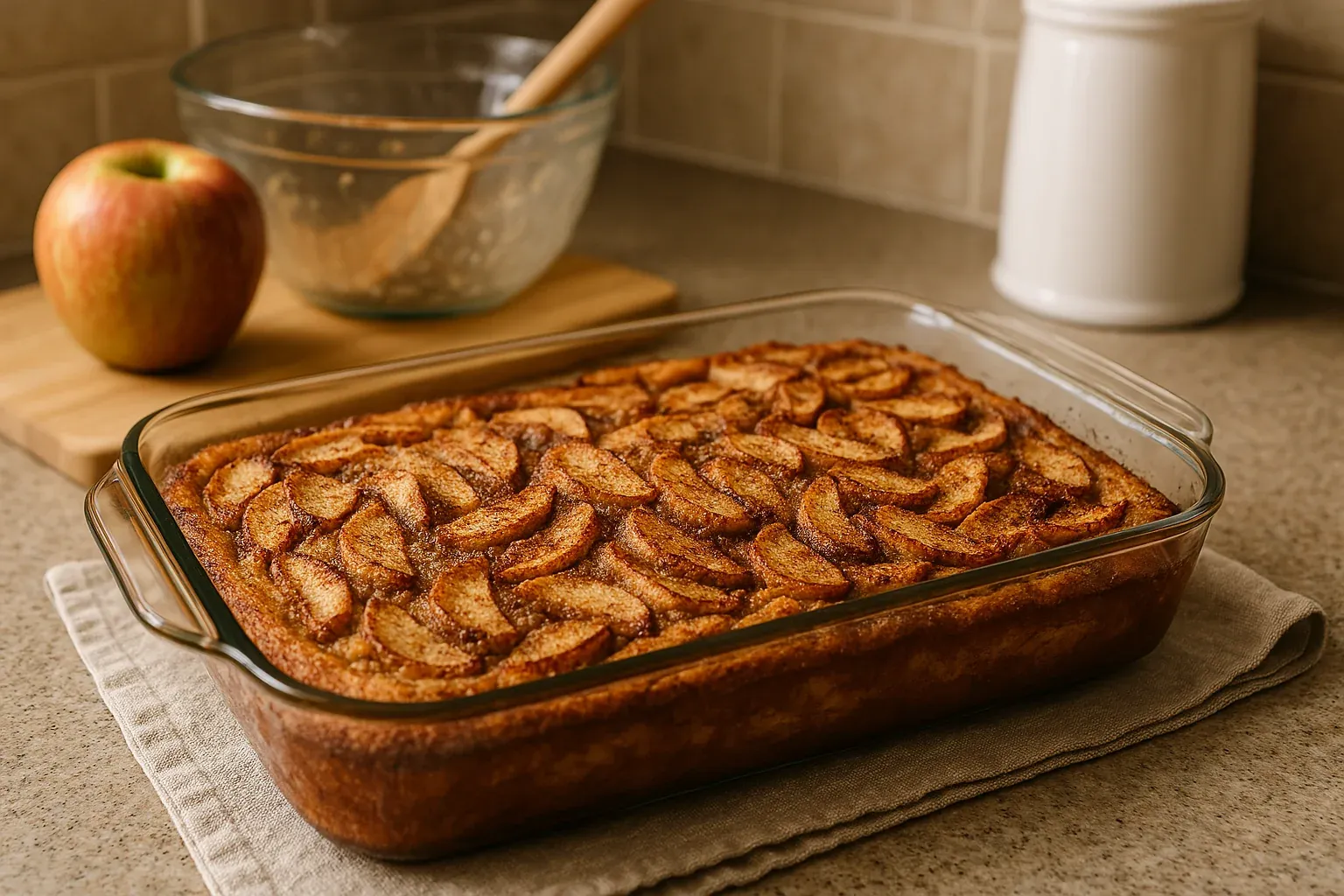 A freshly baked apple cinnamon cake in a glass dish with a whole apple and mixing bowl in the background.