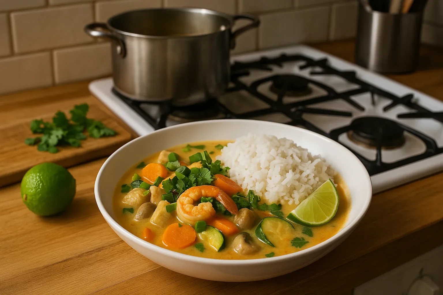 Shrimp and vegetable curry with rice, garnished with cilantro and lime wedges, served in a white bowl on a kitchen counter.