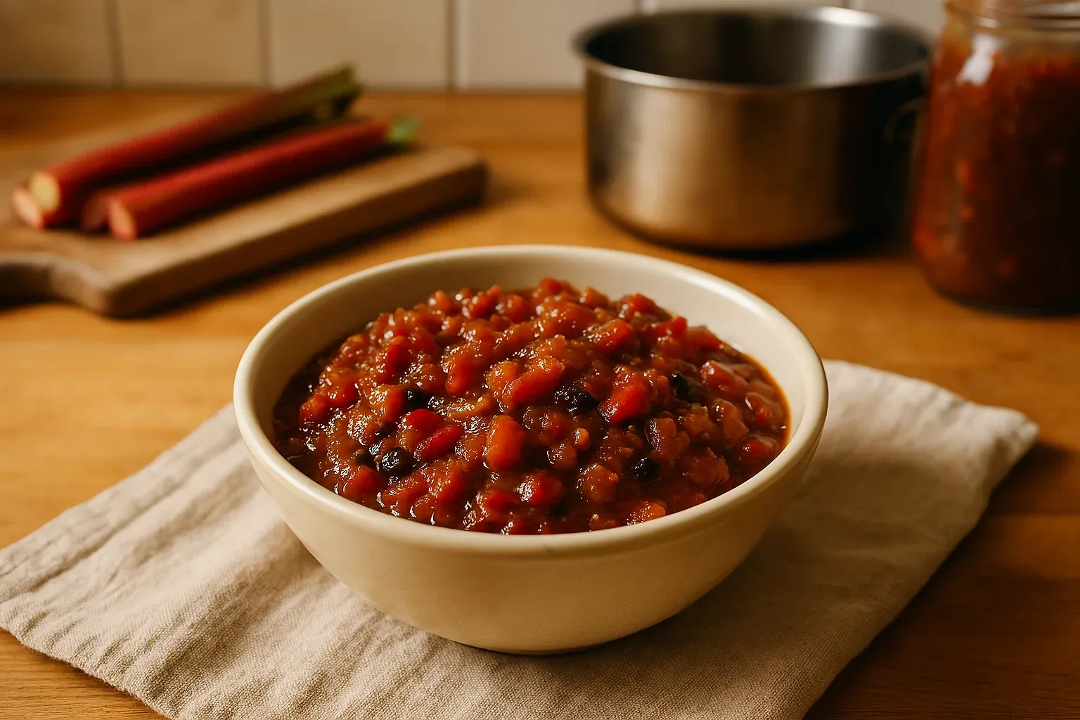 Bowl of homemade rhubarb chutney on a cloth with fresh rhubarb stalks and a pot in the background.