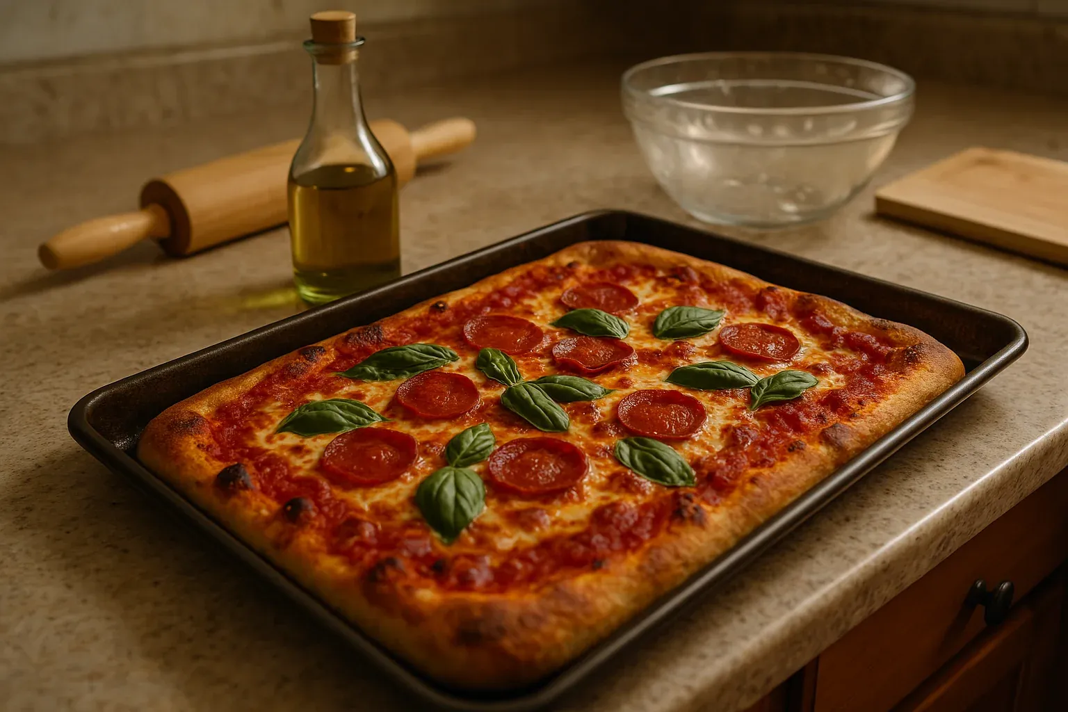 Freshly baked rectangular pepperoni pizza with basil leaves on a baking sheet, placed on a kitchen counter with a rolling pin and olive oil.