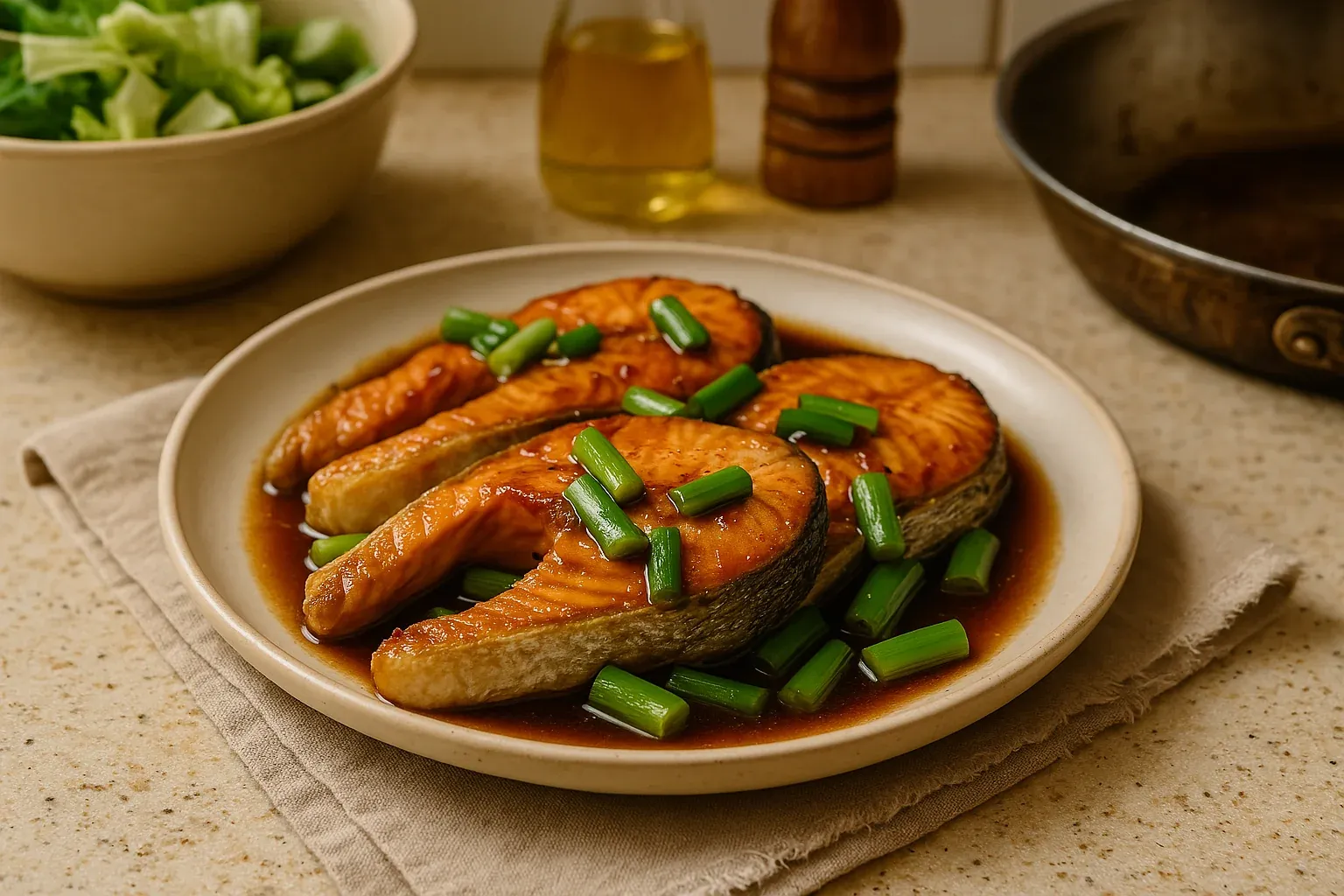 Salmon fillets in a savory sauce, garnished with green onions, served on a beige plate with a side of greens in the background.