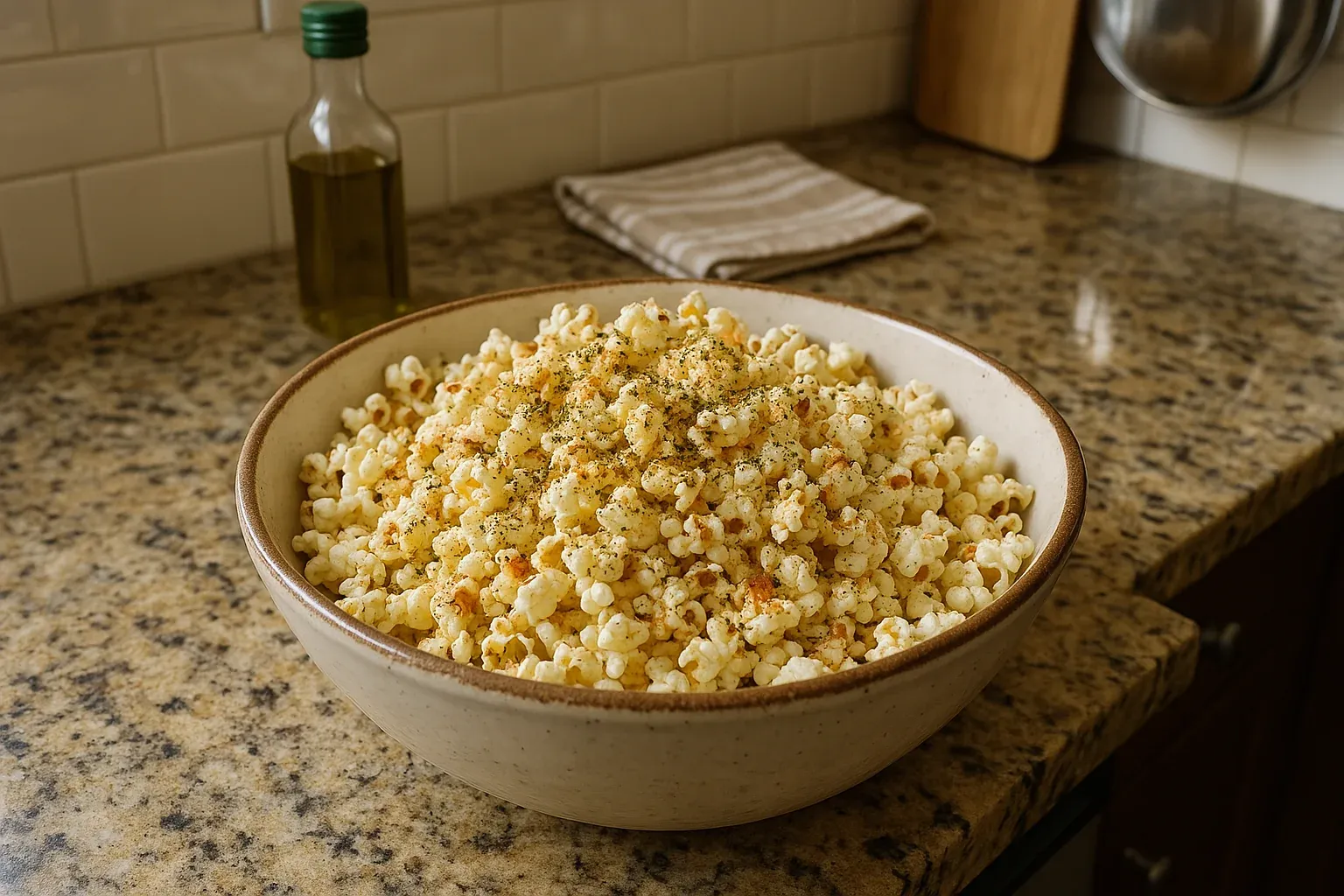 A bowl of seasoned popcorn on a granite countertop, with an olive oil bottle and a kitchen towel in the background.