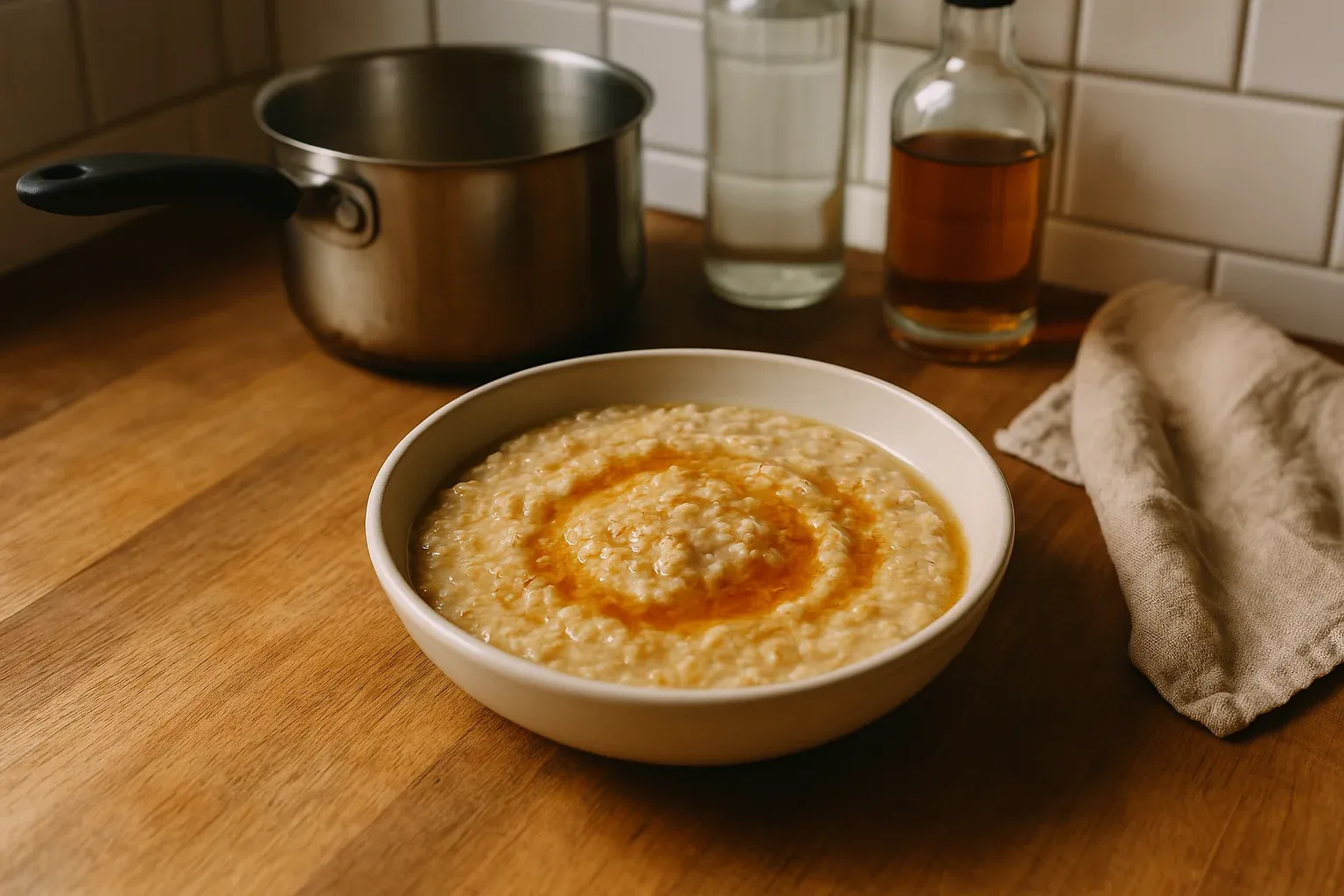 Bowl of creamy oatmeal drizzled with syrup on a wooden countertop, with a pot and bottles in the background.