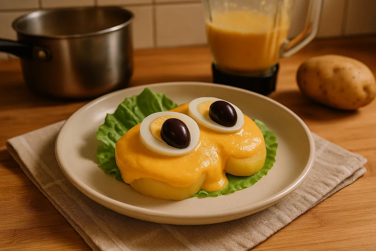 Peruvian dish "Papa a la Huancaína" with potatoes, yellow sauce, boiled egg slices, and olives on a lettuce leaf.