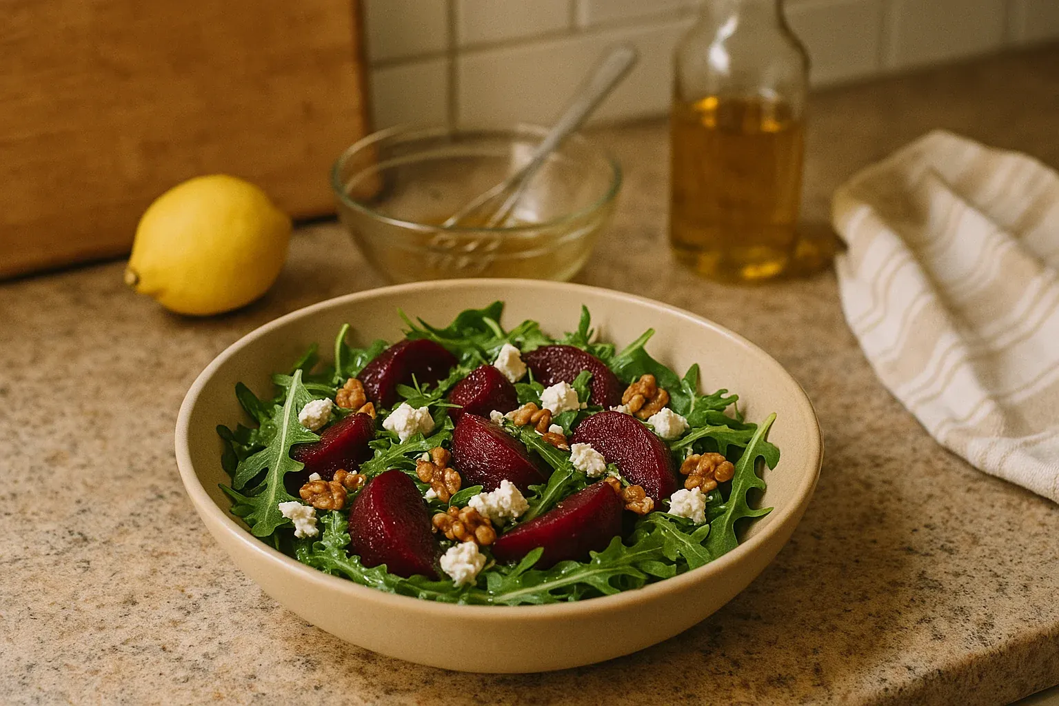 Arugula salad with roasted beets, walnuts, and crumbled cheese, accompanied by a lemon, dressing, and olive oil on a kitchen counter.