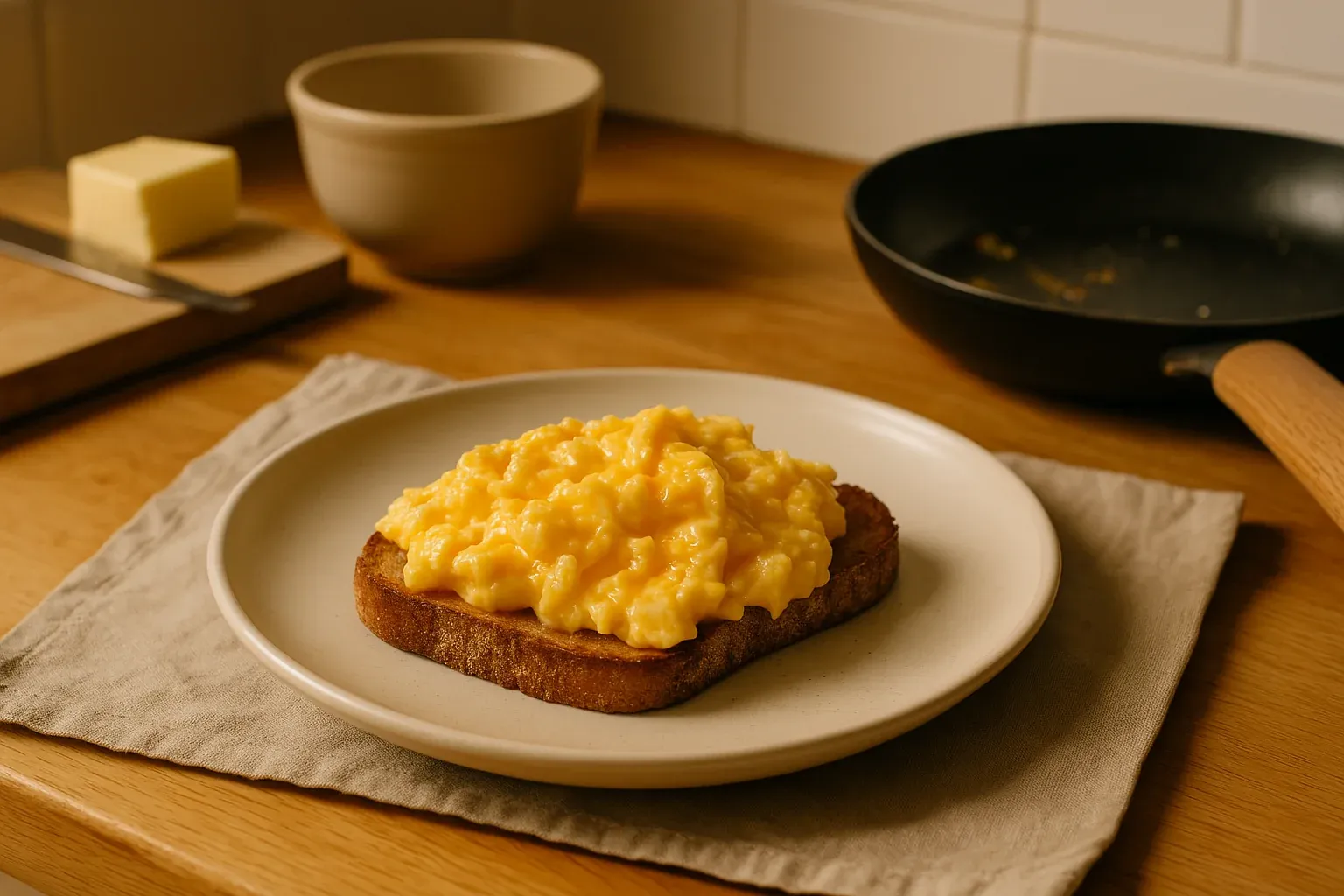 Creamy scrambled eggs served on a slice of toasted bread.