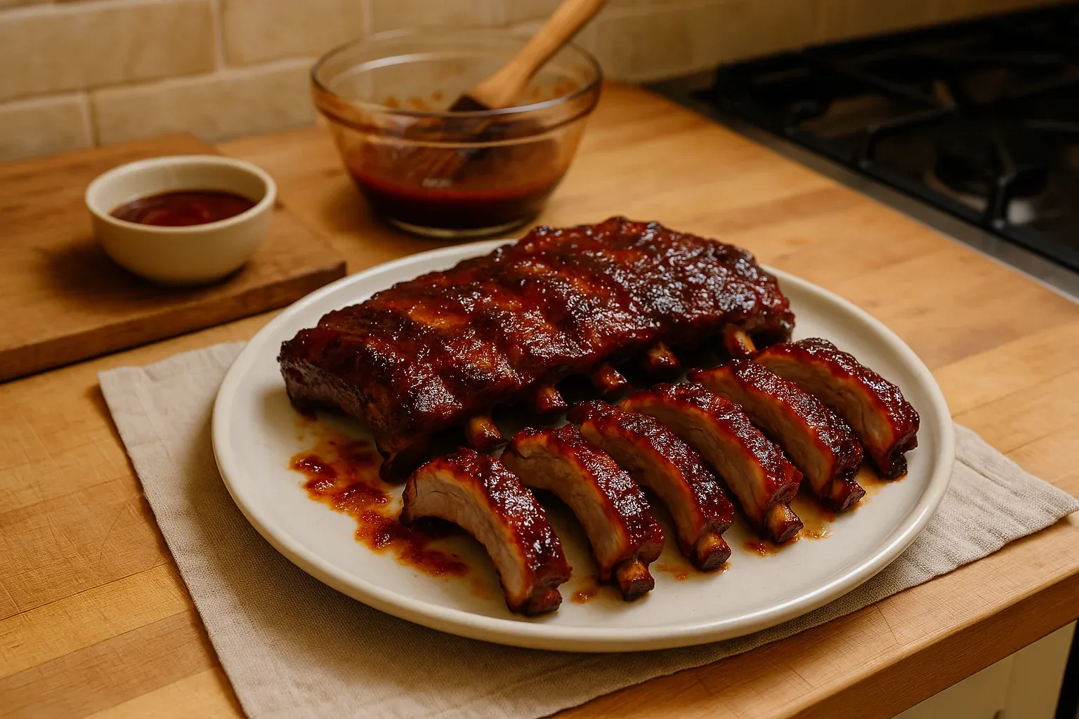 A plate of juicy, glazed barbecue ribs served on a wooden table with extra sauce in a bowl and a brush in the background.
