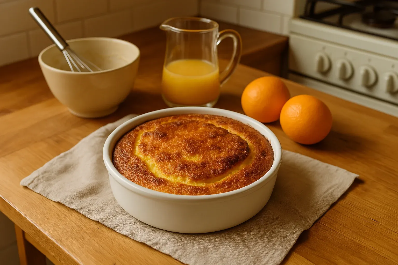 Freshly baked orange cake in a white dish, accompanied by a bowl with a whisk, a pitcher of orange juice, and three whole oranges on a wooden countertop.