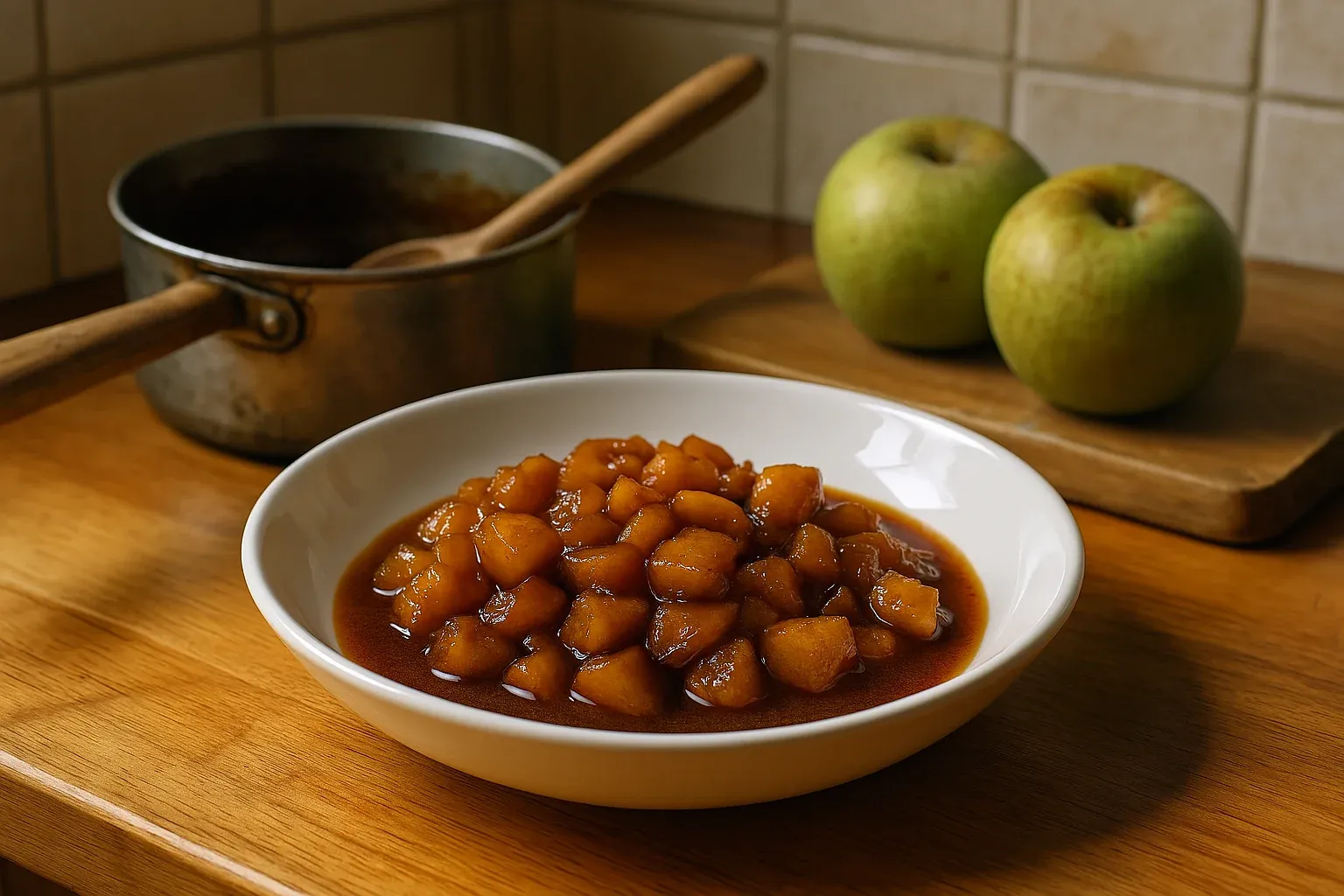 Caramelized apple compote in a white bowl with fresh apples and a saucepan in the background.