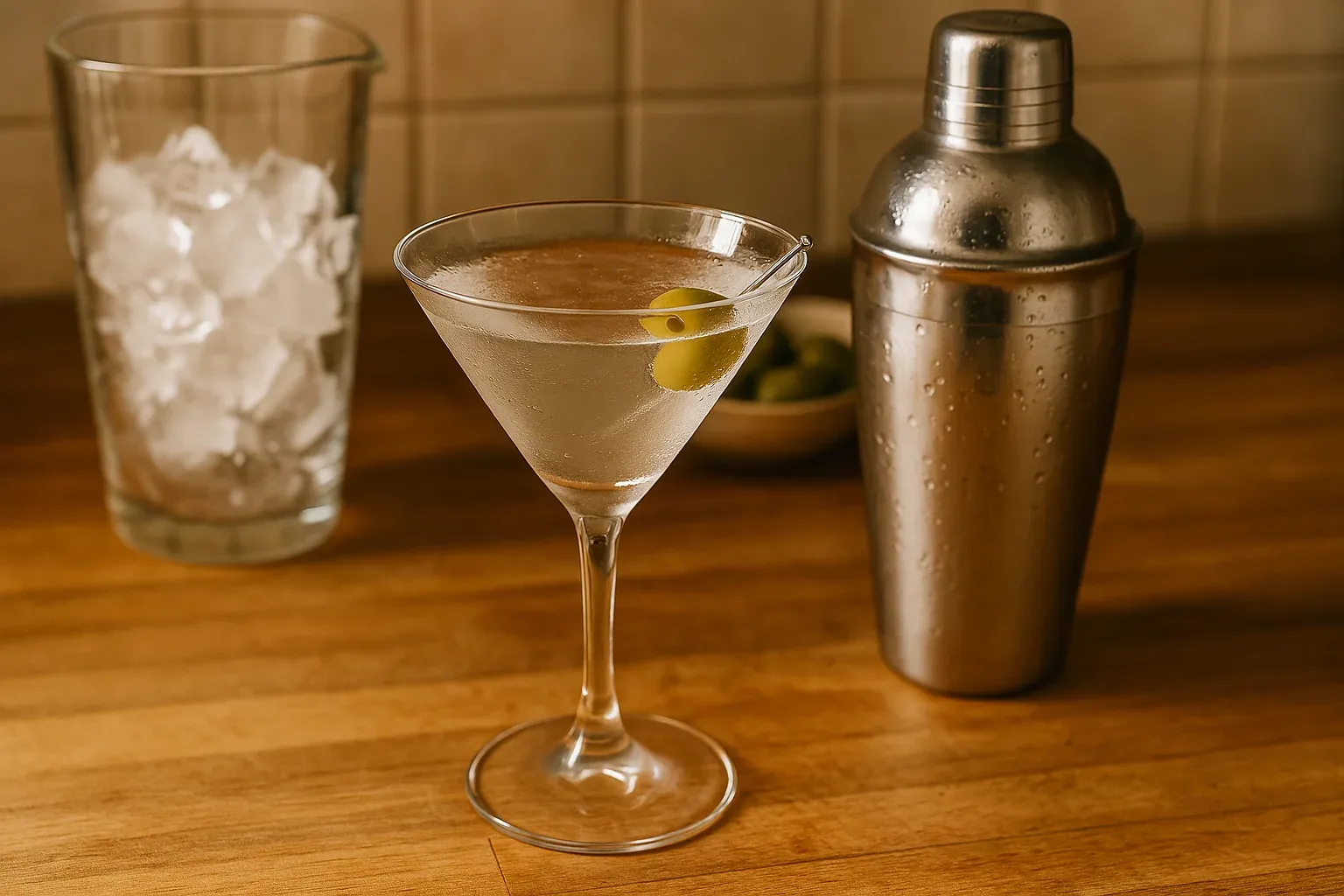 Classic martini garnished with an olive, next to a shaker and glass of ice on a wooden surface.
